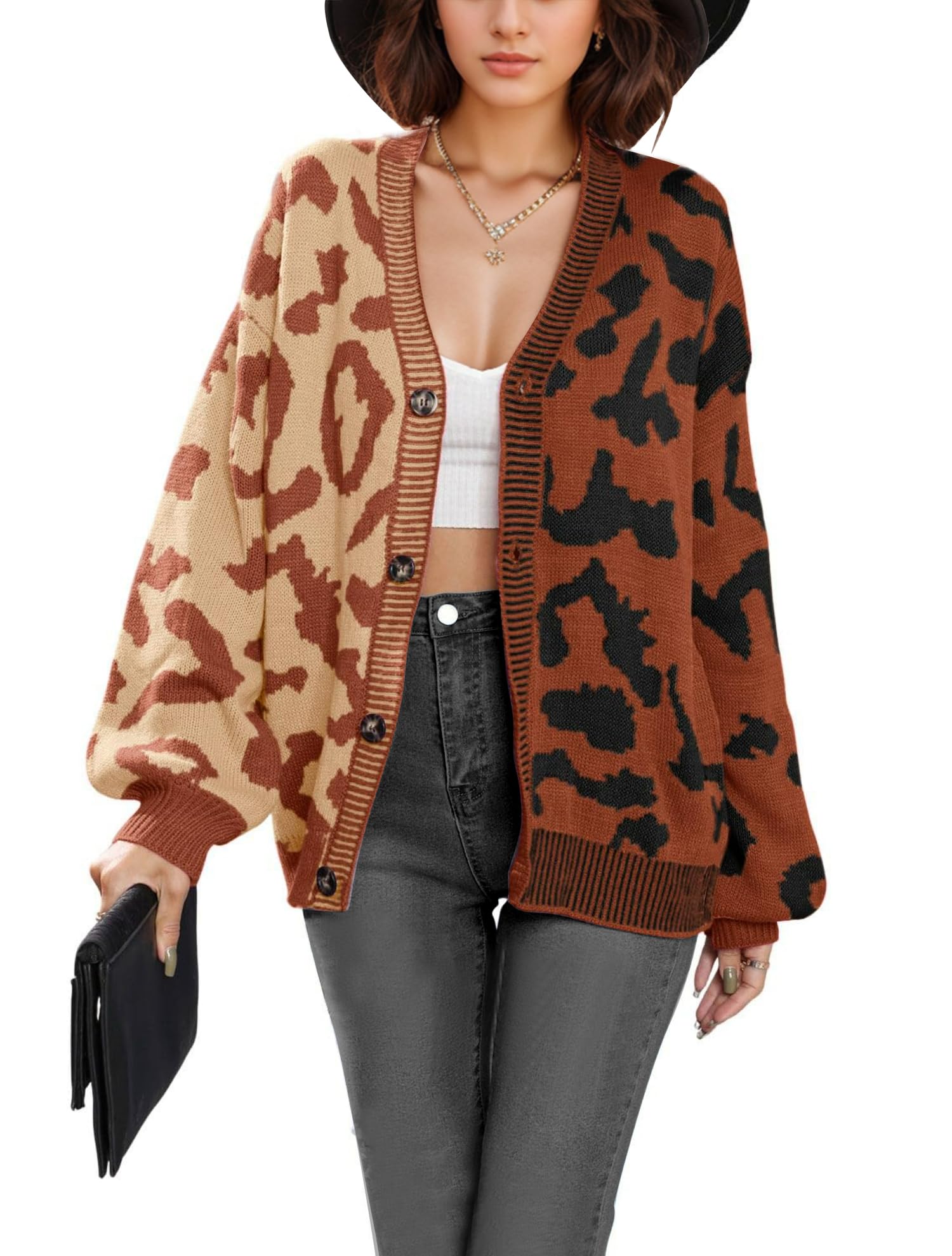 トップス 22AW COOHEM LEOPARD TWEED CARDIGAN TERIVEEK Women Oversized Color Block Cardigan Sweaters