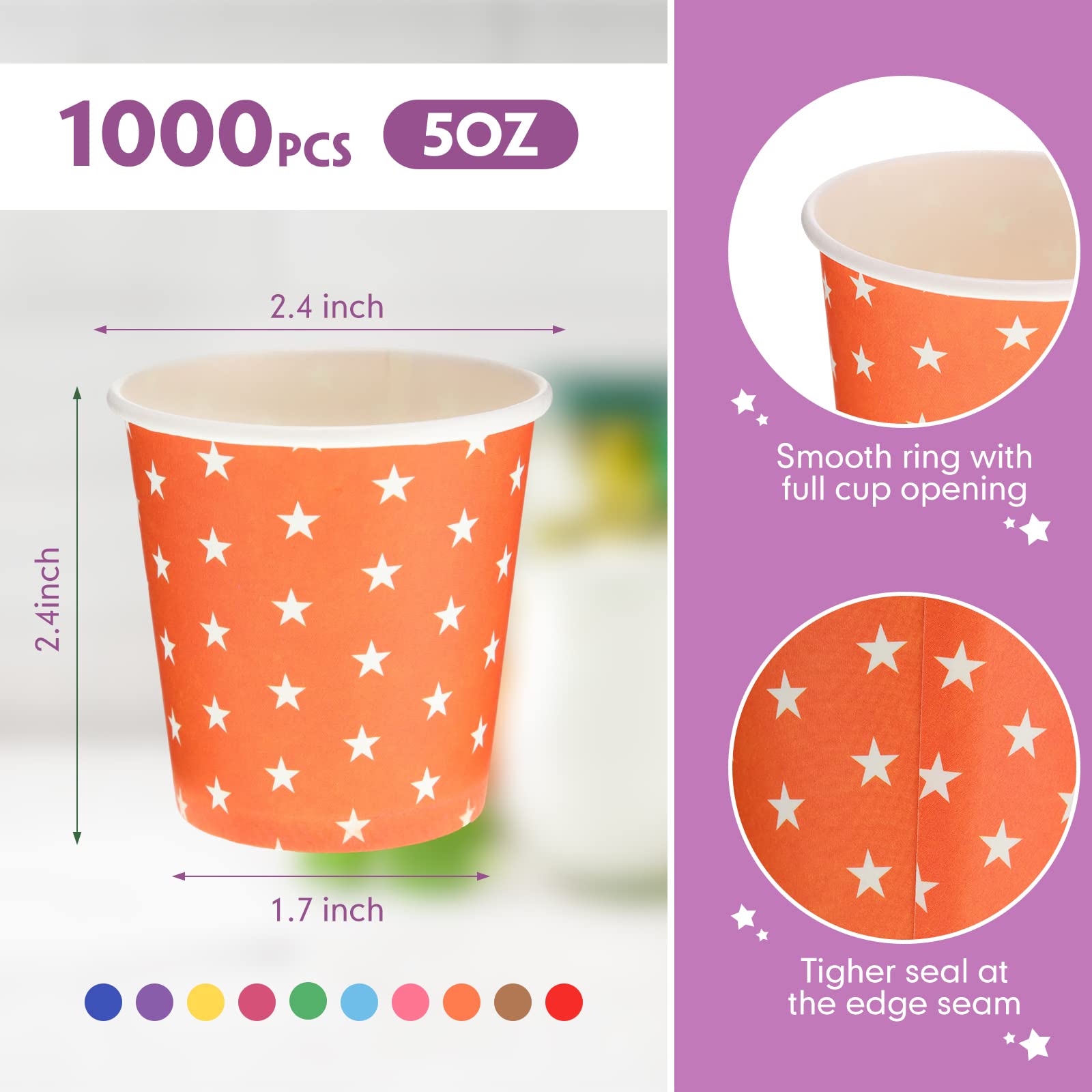Condition photo showing New/Like New for 1000 pieces 5oz paper cups, star multicolor paper disposable cups, cold beverage drinking mini cups, bathroom small mouthwash cups for parties, picnic, travel, events barbecues, coffee, 10 colors