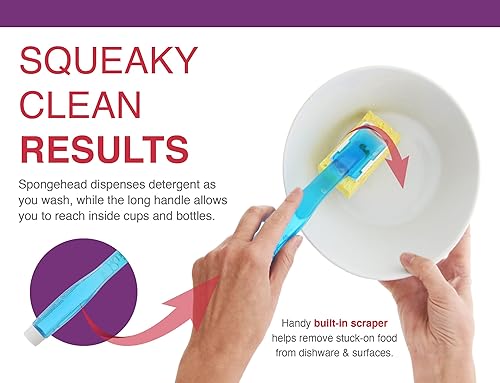 Miniatura 4 de Esponja para platos con mango dispensador de jabón, varita de platos rellenable para una limpieza rápida y cómoda, fabricada en los Estados Unidos,