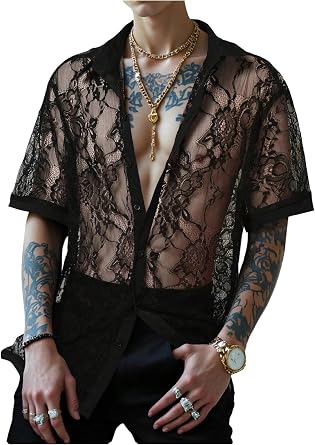 SHENHE Mens Floral Lace Beach Shirt See Through Button Down Party Top