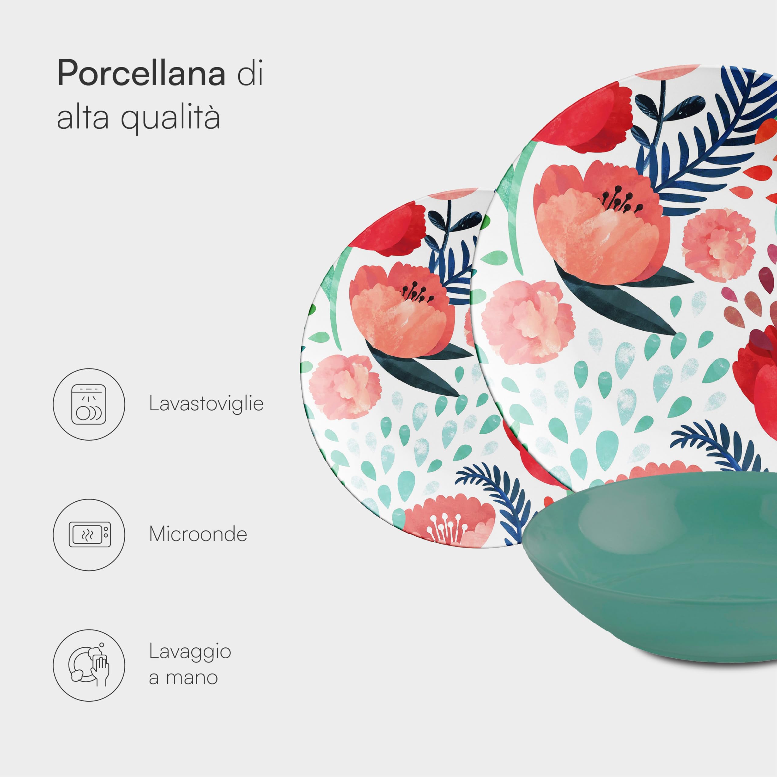 Servizio di Piatti da 18 pezzi in Porcellana, Servito da Tavolo Colorato per 6 Persone, Piatto Fondo, Piano, da Frutta o Dolce, Fantasia Papaveri