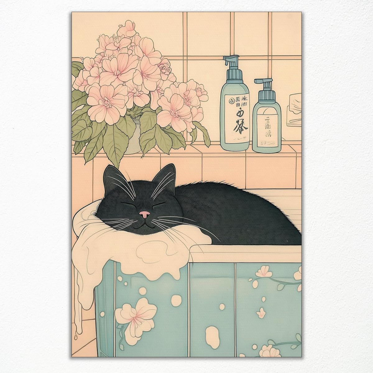 Cute Black Cat Canvas Wall Art, Funny Japanese Cat In Bathroom Poster, Black Cat In A Bathtub Painting, Neutral Japandi Cat Aesthetic Print, Cat and Pink Flowers Picture Decor 12x16in Unframed