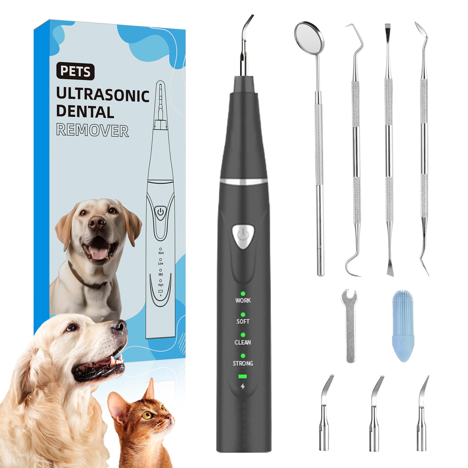 Psytpusa Dental Plaque Remover Tool——Dog Teeth Cleaning Kit?Dental Scraper for Tartar and Plaque 3 Cleaning Moder USB Charge Teeth Cleaning Tools with LED Light(Black 01)