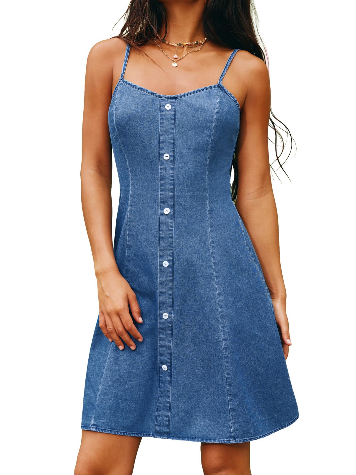 CUPSHE Vestido de mezclilla de verano para mujer, con tirantes delgados, botones, acampanado, mini vestido de playa, casual, para vacaciones