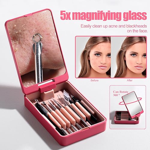 Miniatura 7 de JPNK Herramienta para eliminar puntos negros, kit de eliminación de acné y kit de recortador de cejas, 8 piezas en uno con espejo de aumento 5X