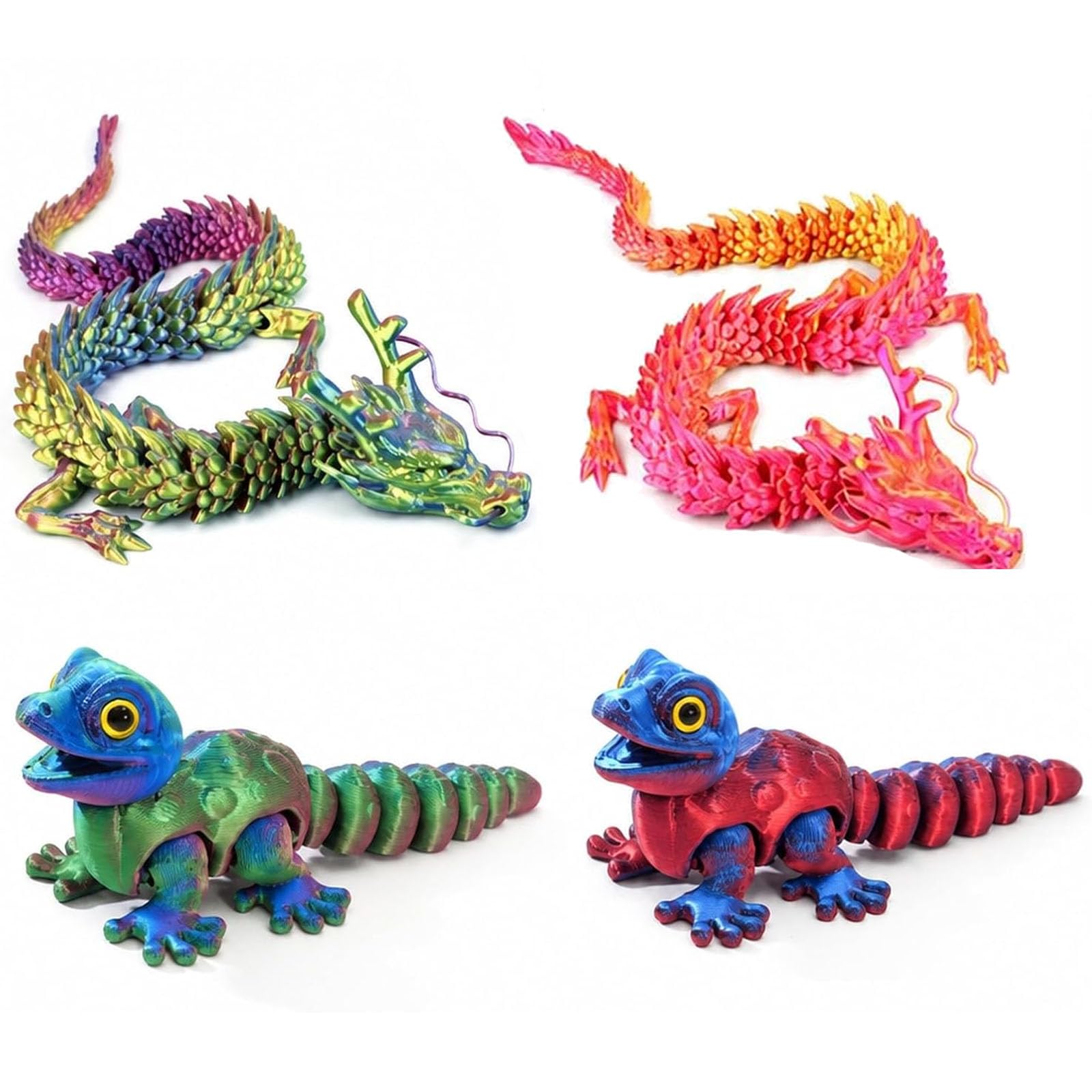 4 PCS 3D Printed Animals, 3D Printed Dragon, 3D Printed Gecko, Bring Lifelike Motion to Your Workspace or Shelf Display, Ideal as a Unique Gift for Art Lovers, Or Office Workers
