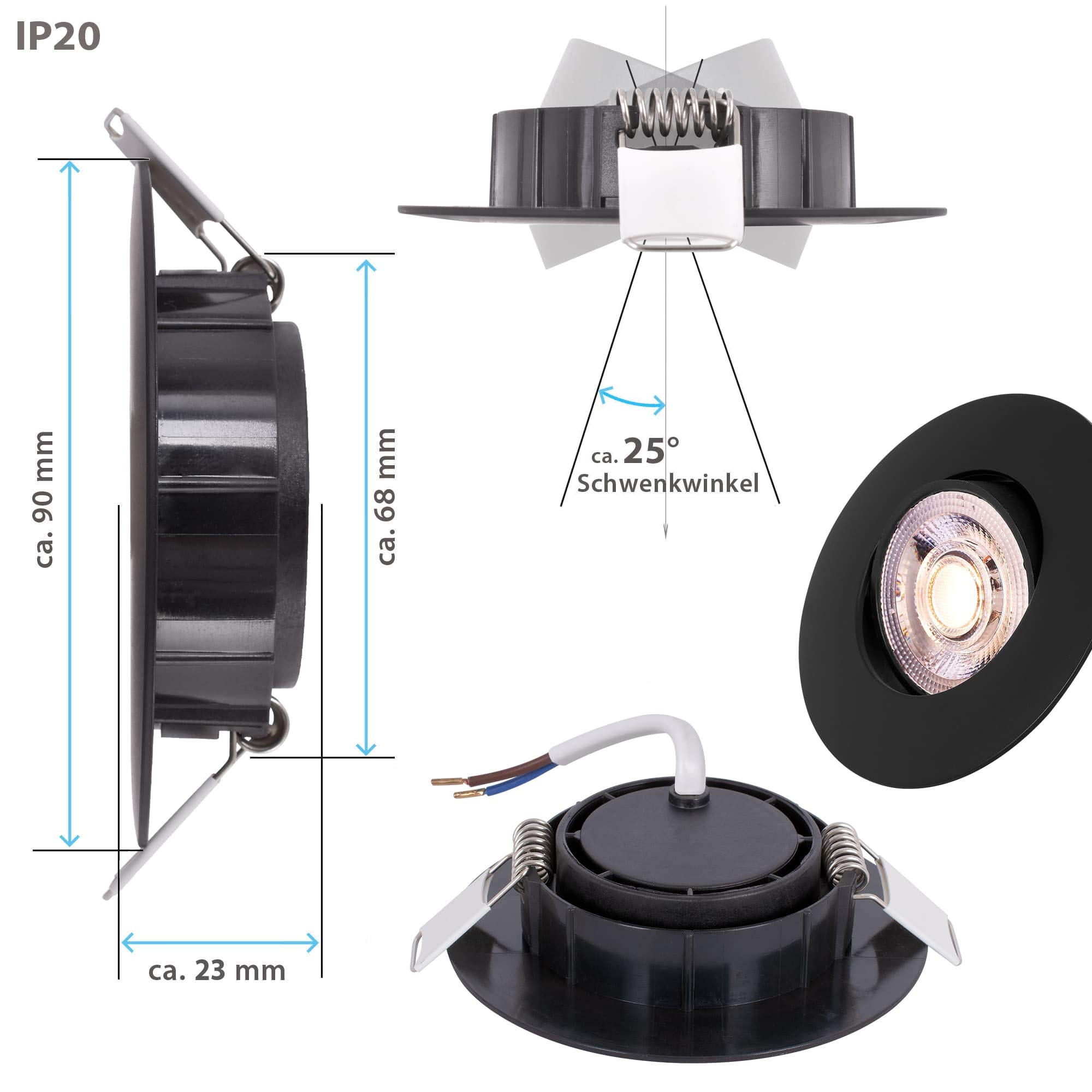 max K O M F O R T 12x LED Einbaustrahler LUXi Spot – Ultra Flach – 5W – 3-Step Dimmbar – 230V – Schwenkbare Einbauleuchten – Deckenspots Einbauspot Schwarz – Rund