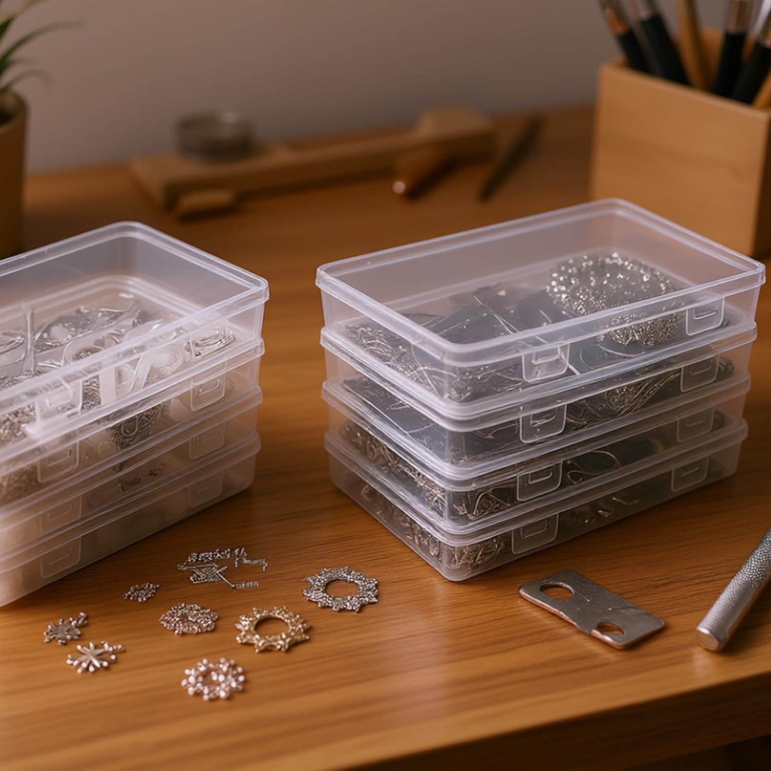 Goodma 8 Pieces Rectangular Empty Mini Clear Plastic Organizer Box | 195 x 113 x 30 mm, Hinged Lids, For Small Items, Craft Projects