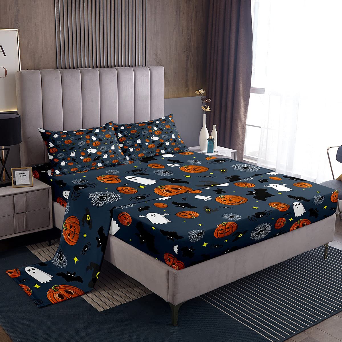 Feelyou Boys Skull Bed Sheets Pumpkin Lantern Sheet Set for Kids Teens Halloween Horror Ghosts Bats Decor Bed