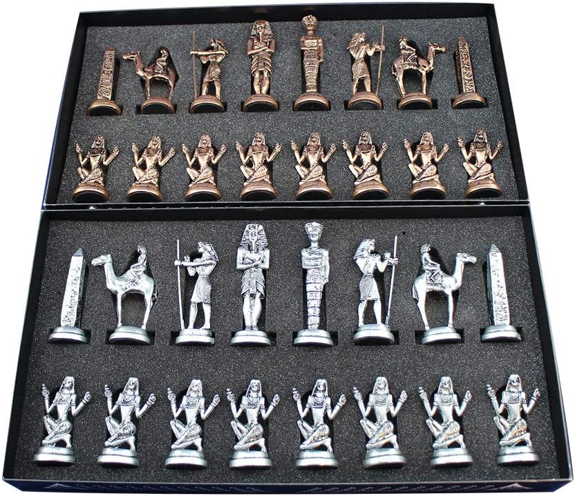 Ancient Egypt Pharaoh Antique Copper Figures Metal Chess Set for Adults,Handmade Pieces and Mosaic Design Wooden Chess Board King 3.4 inc