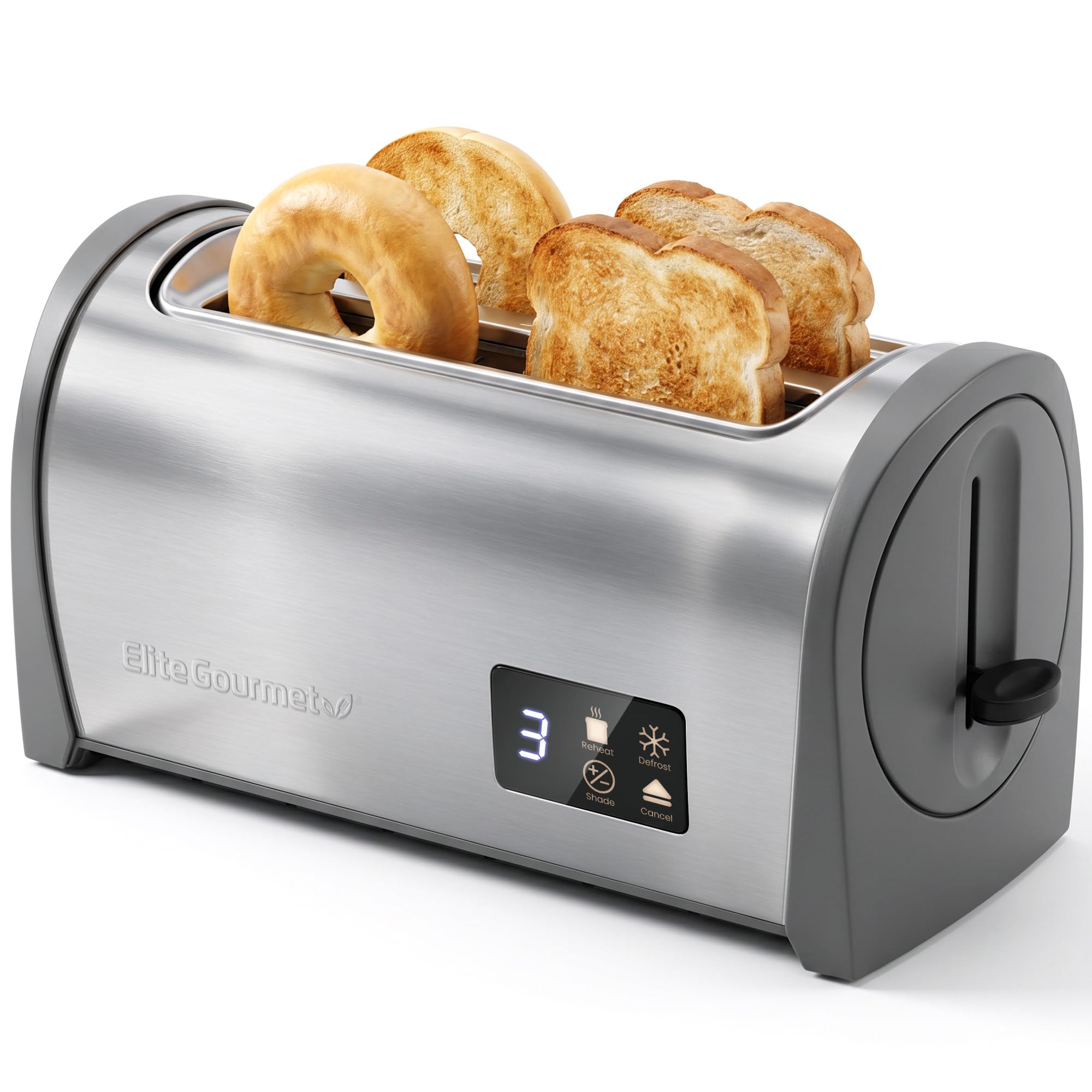 Elite Gourmet Digital 4-Slice Long Slot Toaster, Stainless Steel | Touch Screen LED Display, 6 Browning Levels, Defrost/Reheat, Extra-Wide 1.5" Slots Fit Artisan & Bagel Bread - Modern Design