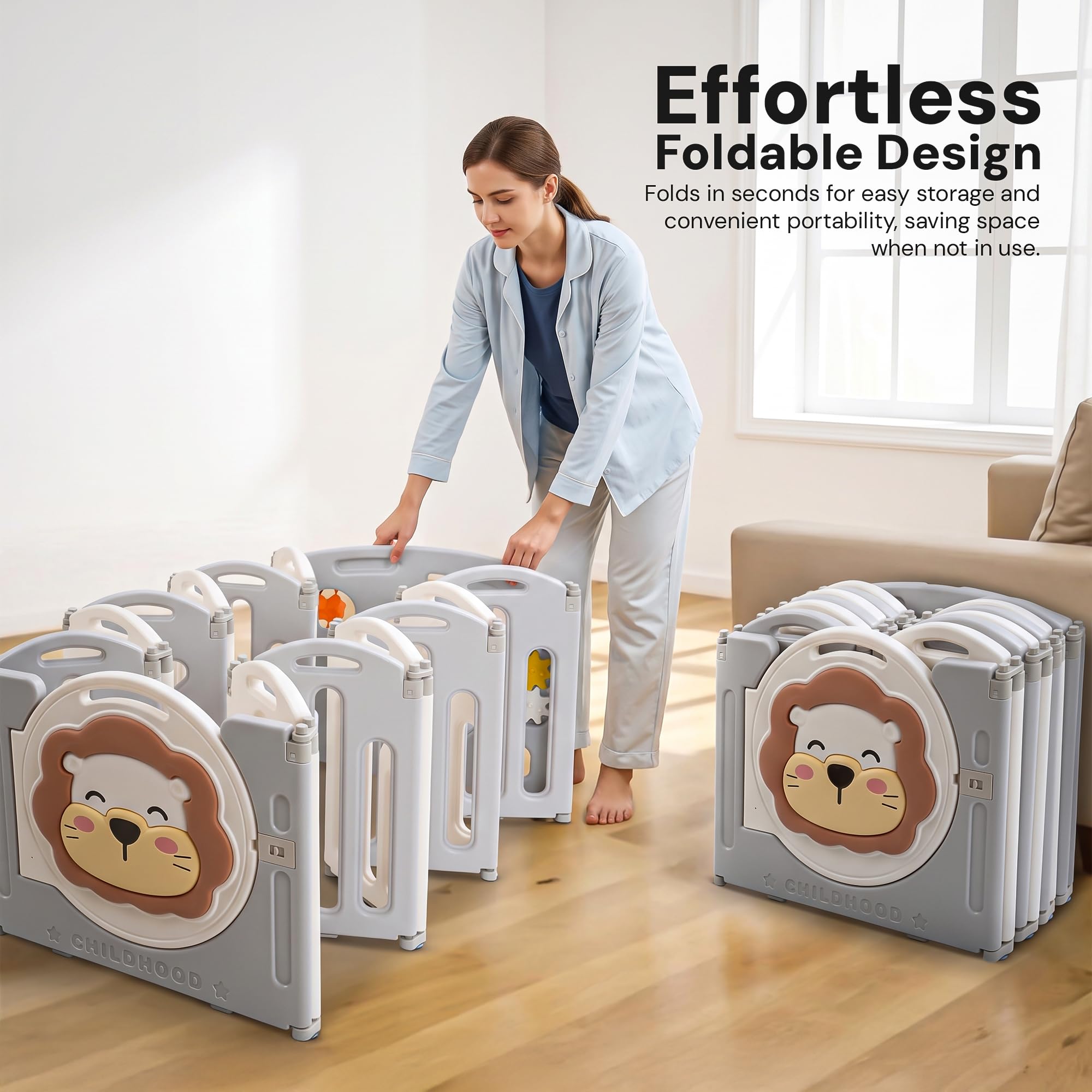 Baybee Lion Kids Playpen for Babies | Foldable Baby Play Area Indoor Setup with Safety Lock & Double Knob | Baby Activity Playards for Toddlers | Outdoor Play Pen for Kids for 0-5 Years (18 Panels) 3
