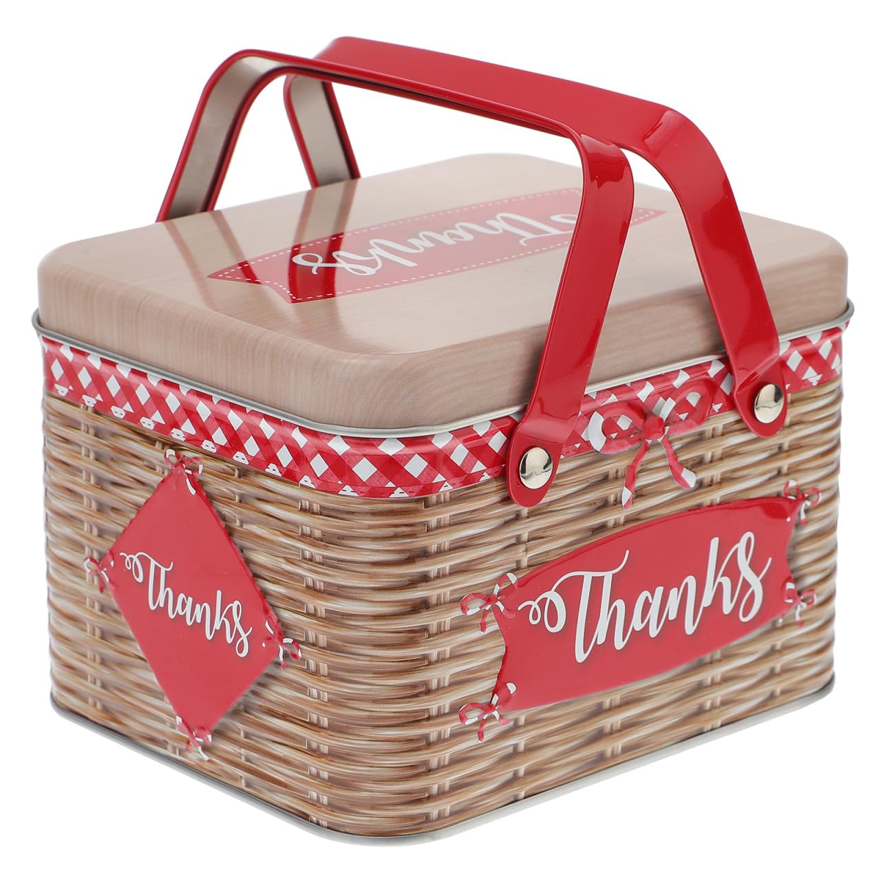 Boîte En Fer Rouge Avec Poignée En Imitation Rotin, Idéale Pour Stockage De Biscuits, Bonbons Et Petits Objets, 15.5 X 12.8 X 10.6 Cm