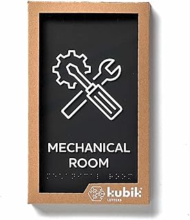 Kubik Letters Mechanical Room Sign, ADA Compliant Modern Design Door Sign with Grade 2 Braille for Mechanical Room with Double Sided Tape