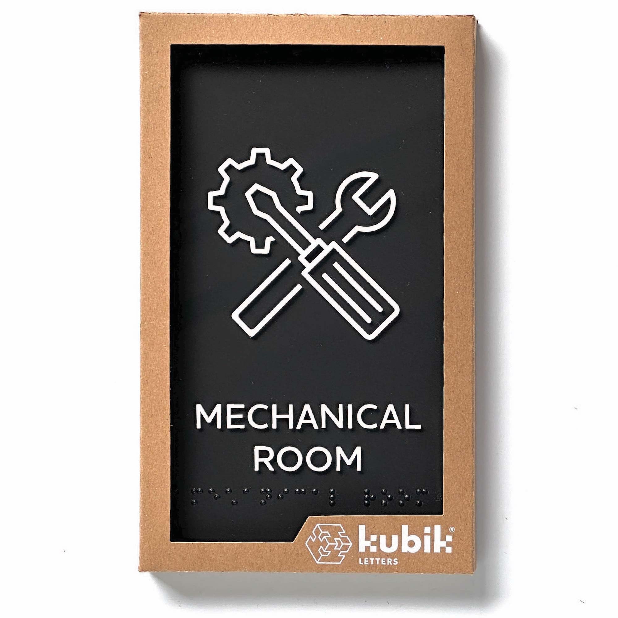 Kubik Letters Mechanical Room Sign, ADA Compliant Modern Design Door Sign with Grade 2 Braille for Mechanical Room with Double Sided Tape
