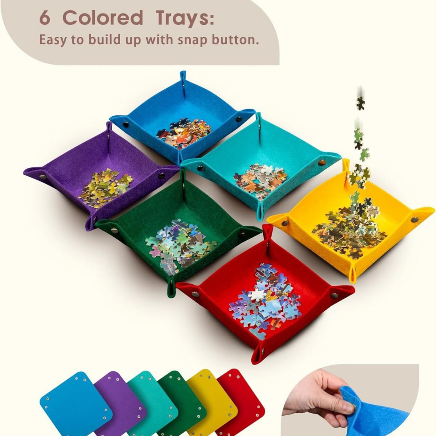 Taca na puzzle 1000 elementów ze stojakiem i pokrywką 2 w 1, taca na puzzle, przenośna mata do puzzli z 6 kolorowymi miseczkami do sortowania, przechowywanie puzzli, antypoślizgowy filc, regulowany