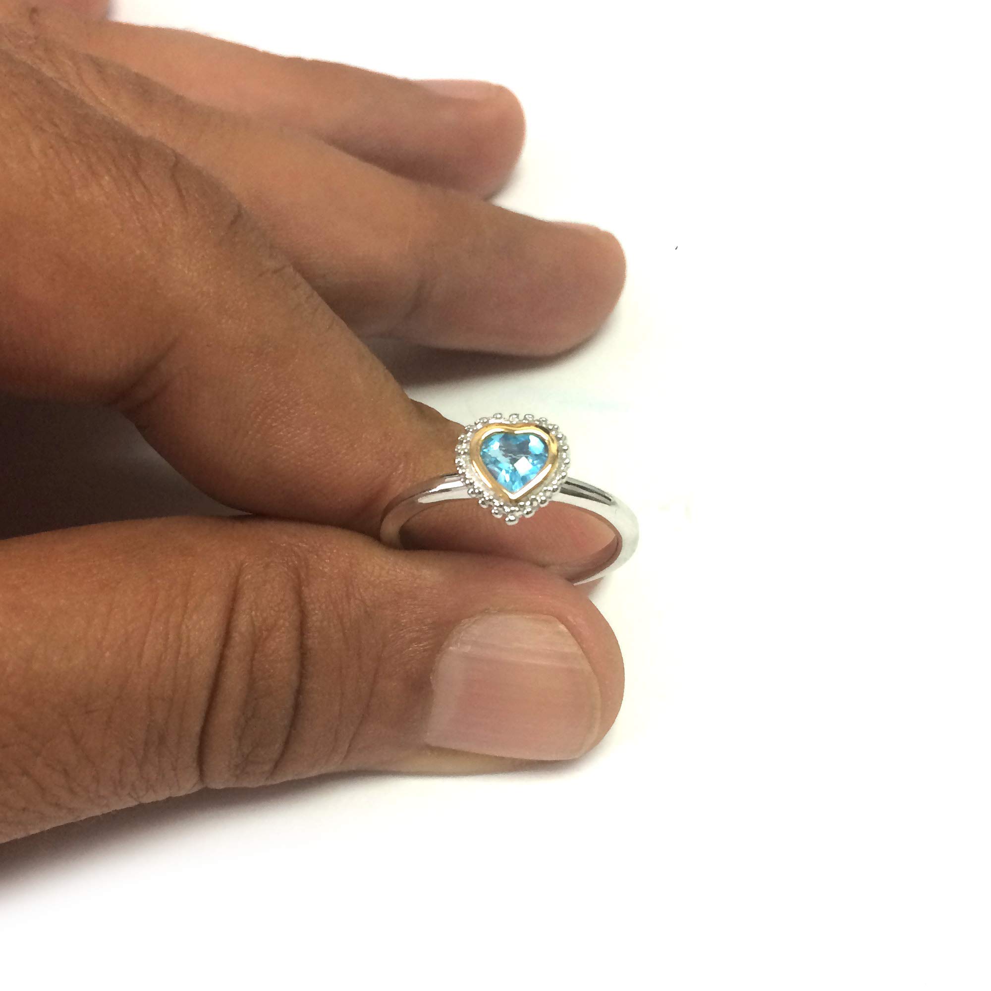 Oro 18 K e argento Sterling blu topazio fantasia cuore anello