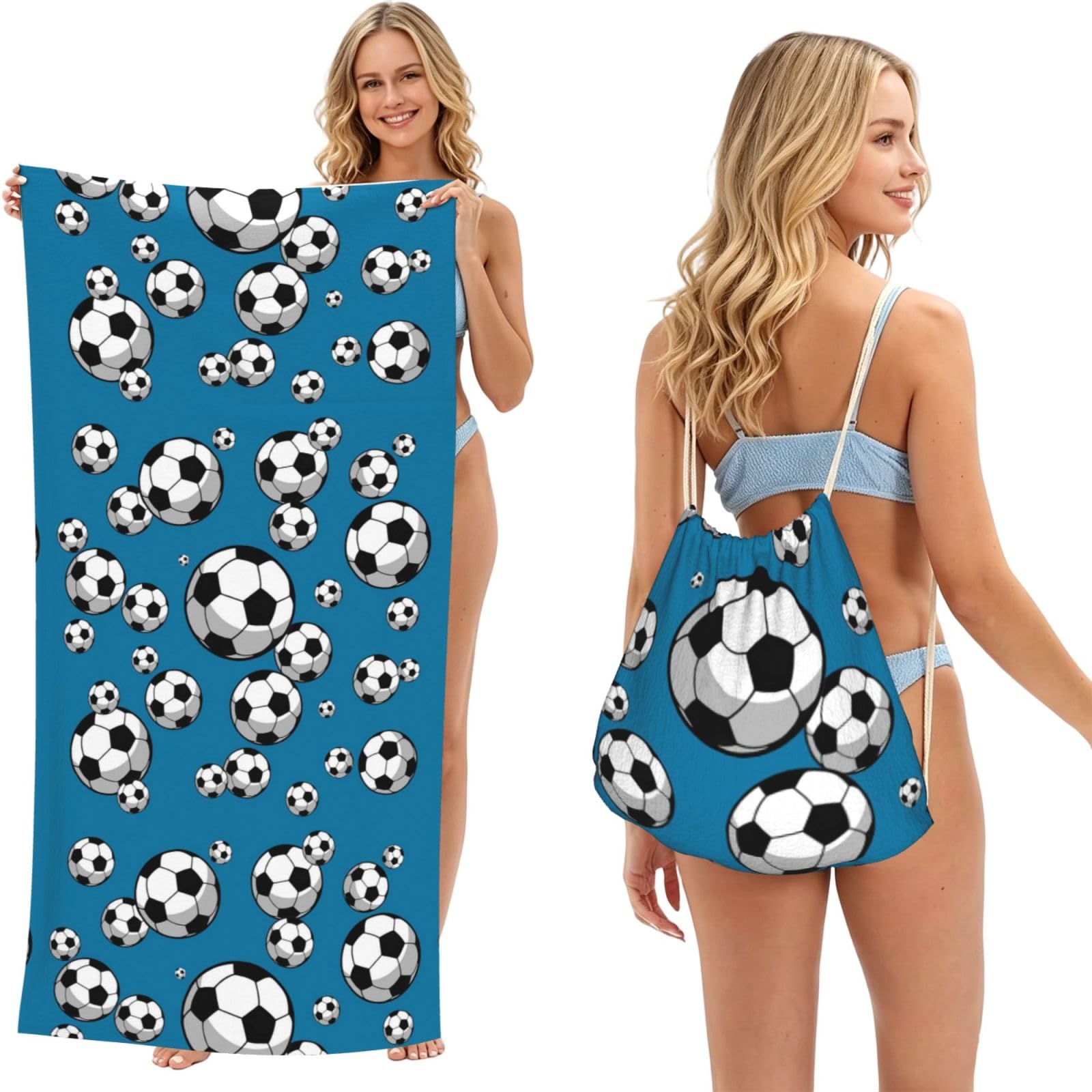 Poadnly Soccer Football, 2 in 1 Packable Towel Bag, Beach Towels with Drawstring Backpack for Travel Holiday Camping