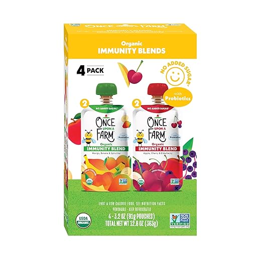 Once Upon a Farm Organic Immunity Blend Mango, Banana & Spirulina and Apple, Cherry & Elderberry Pouch Multipack, 4-3.2oz