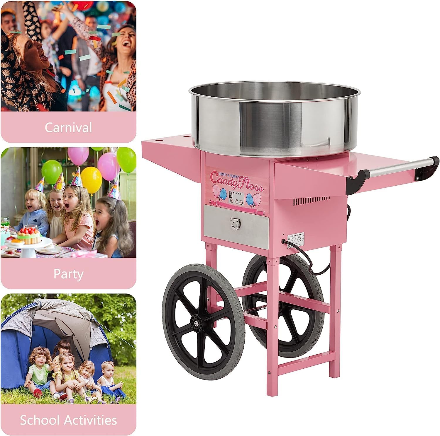 Cotton Candy Machine with Cart, Electric Cotton Candy Maker with 20 inch Stainless Steel Bowl for Family, Party, Amusement Park, Carnival- Pink