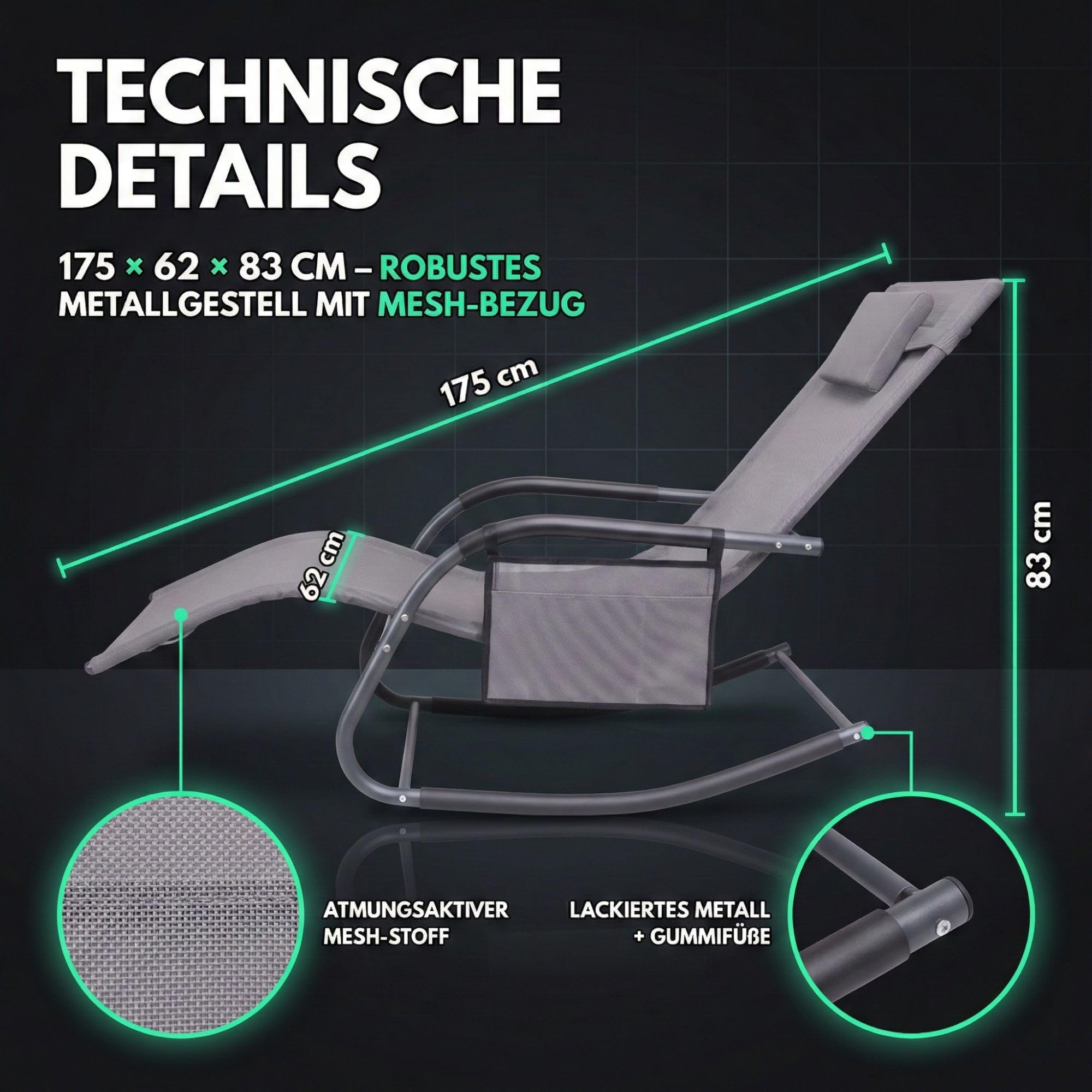 ALBATROS Gartenliege C-Form | Kopfkissen, Seitentasche, 160kg, wetterfest | Relaxliege, Schaukelstuhl, Schwungliege & Sonnenliege, Gartenstuhl, Balkonmöbel Grau, langlebig, für Garten & Terrasse