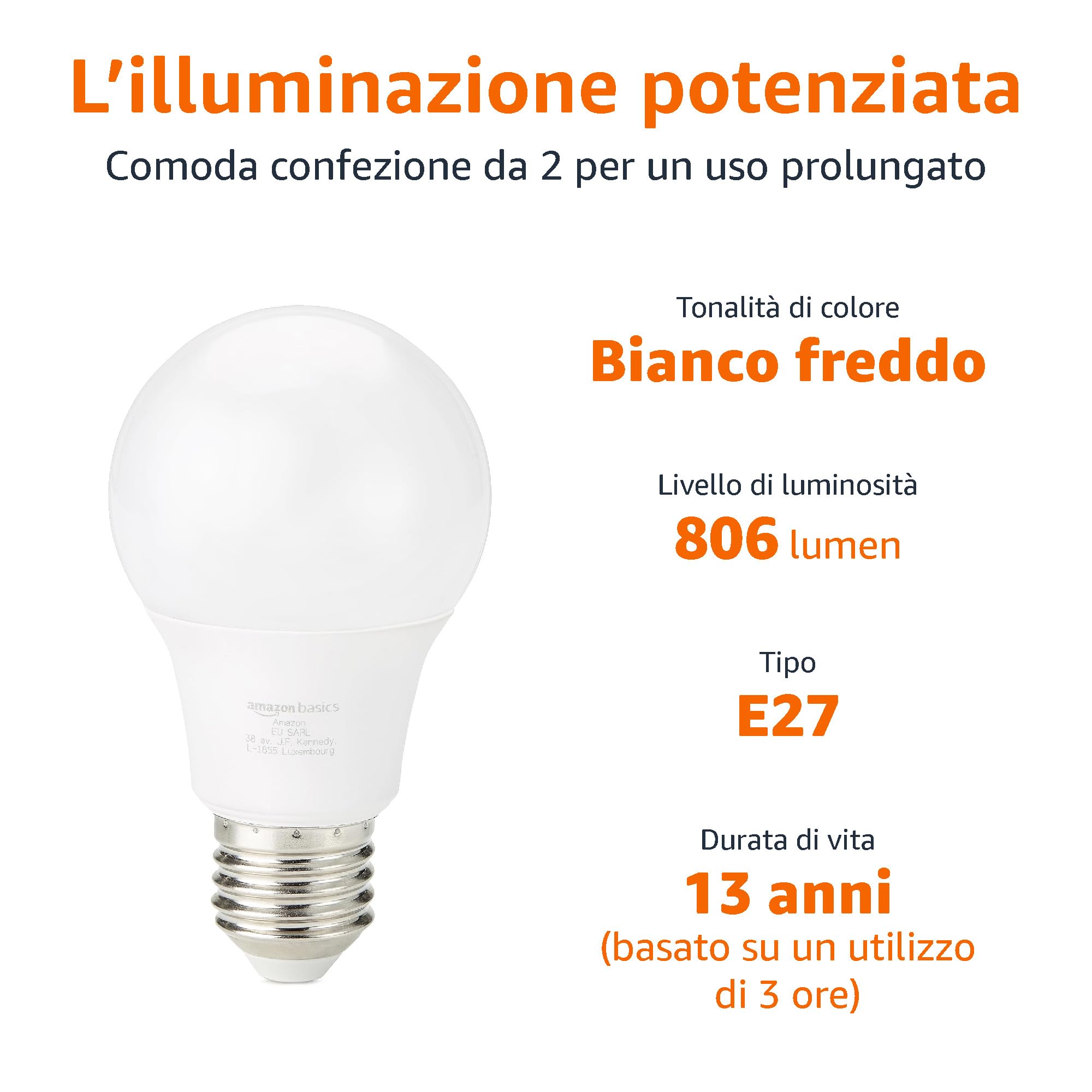 Amazon Basics - Lampadina Edison a LED E27 con attacco a vite, 8 W (equivalenti a 60 W) bianco freddo, Non Dimmerabile (confezione da 2 pezzi)