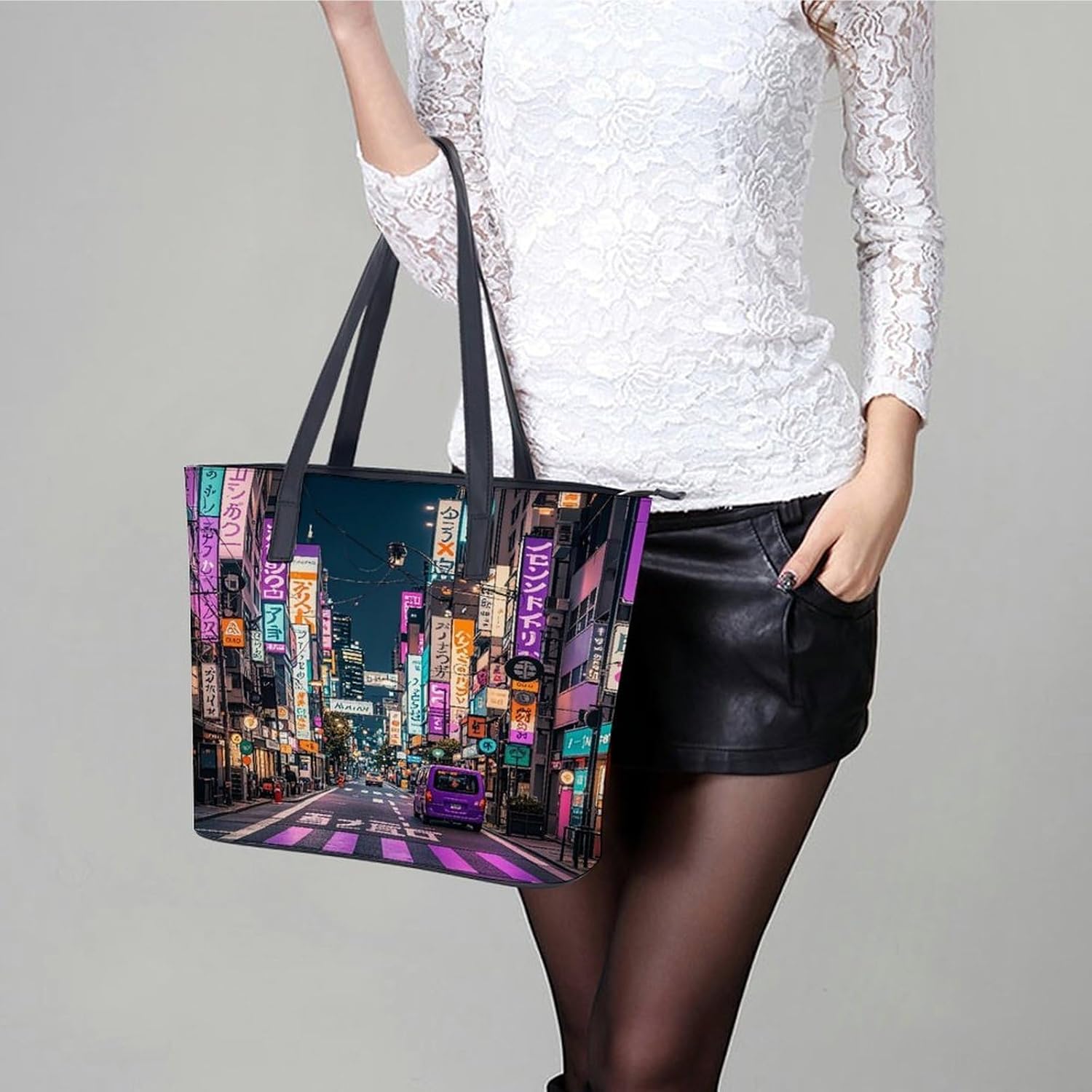 Purple Tokyo Streets Tote Bag with Reinforced Bottom & Handles,Gym Bag Durable And Tip-proof,Weekender Bag to Top Zipper Closure,Daily Essentials