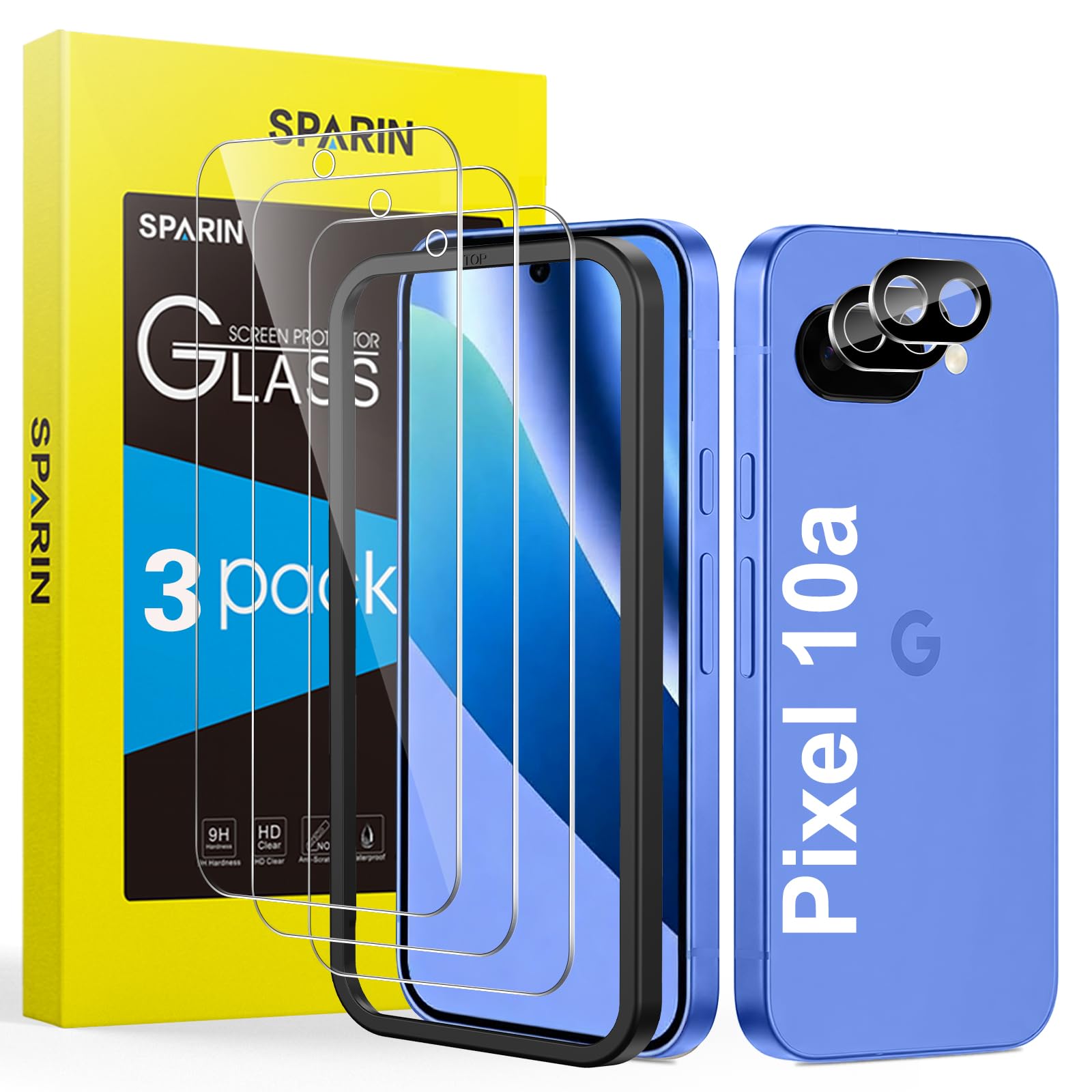 SPARIN Panzer Schutz Glas für Google Pixel 10a, 3 Folie und 2 Kameraschutz | mit Montage Rahmen, 9H Härte Schutzfolie, HD-Klar