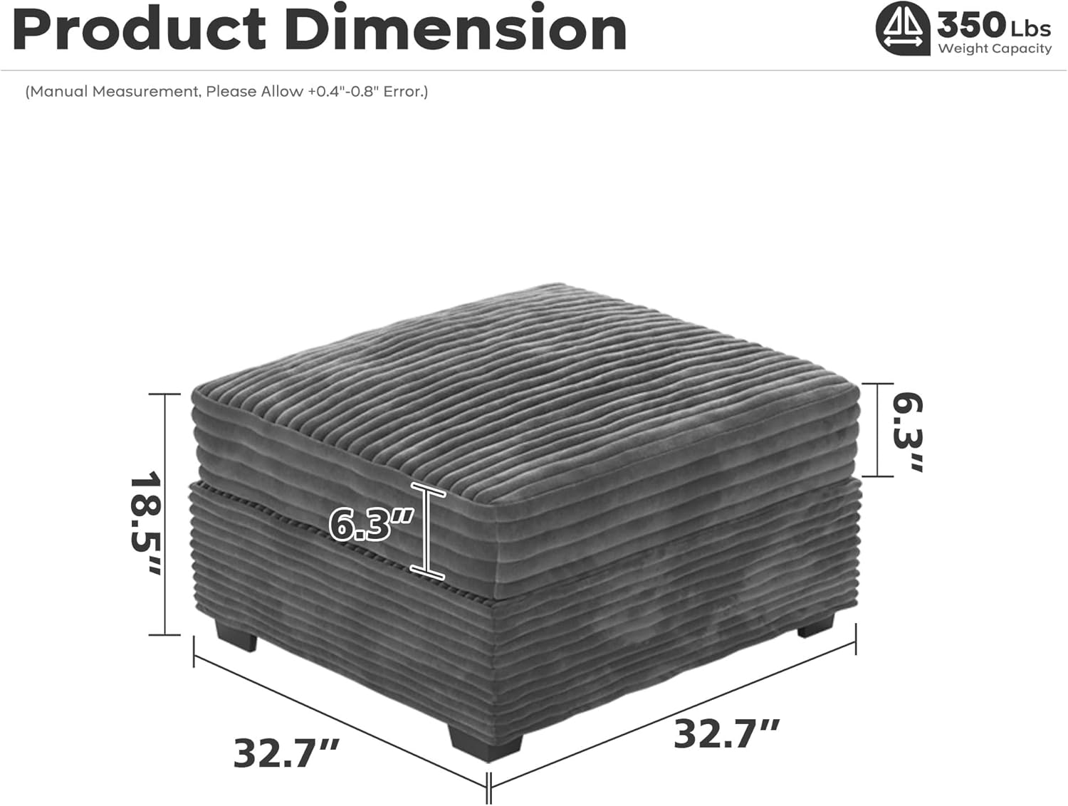 ovios 32.7 inches Ottoman Seat Module for Modular Sectional Sofa Couch Loveseat, Customizable DIY Combination L, U, V Shaped Plush Corduroy Sofas Couches for Living Room, Grey