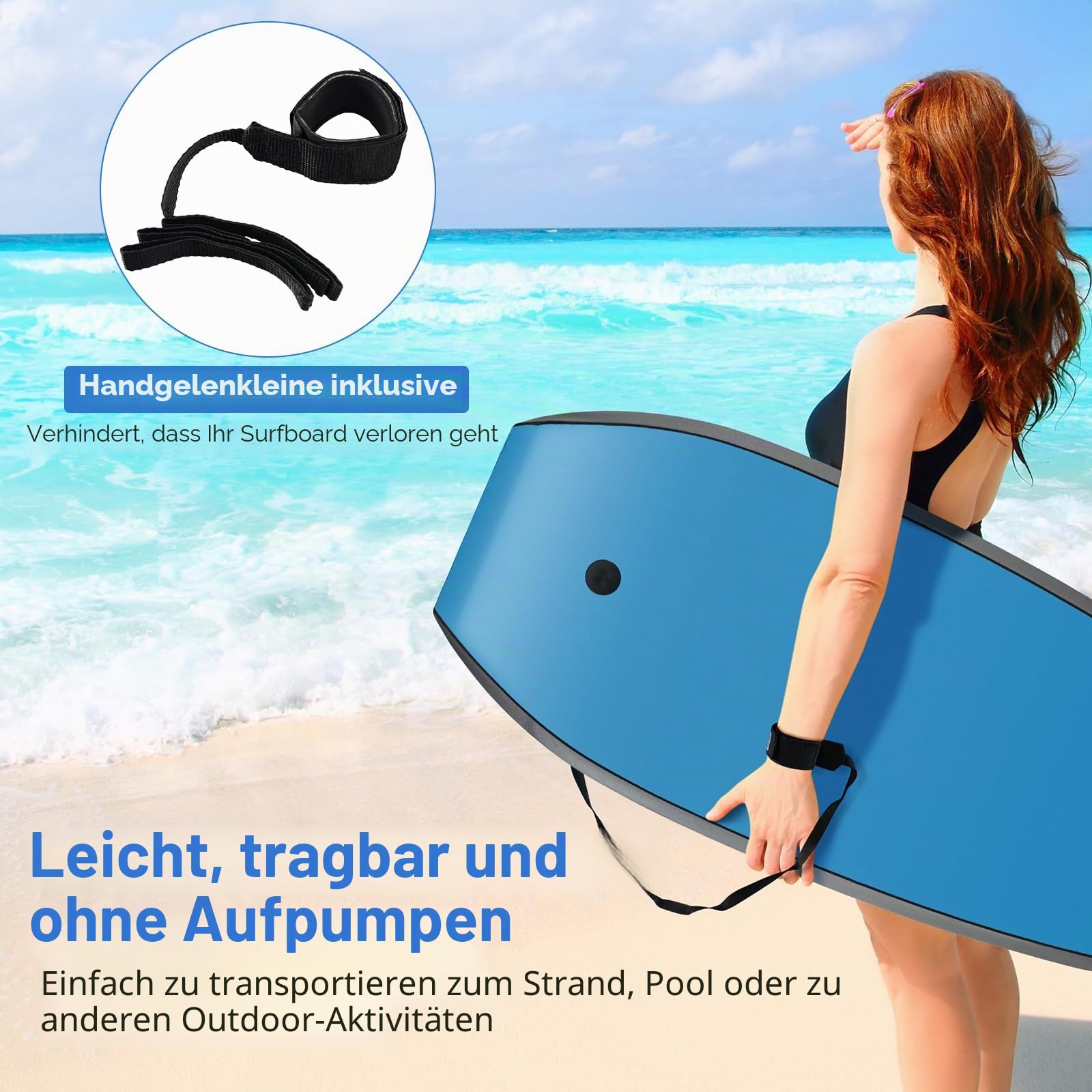 HOMASIS Leichtes Surfbrett, Bodyboard mit XPE-Brücke, Wellenbrett aus EPS-Schaumkern, Halbmond-Basis, Handgelenkleine ohne Aufblasen für Erwachsene und Jugendliche
