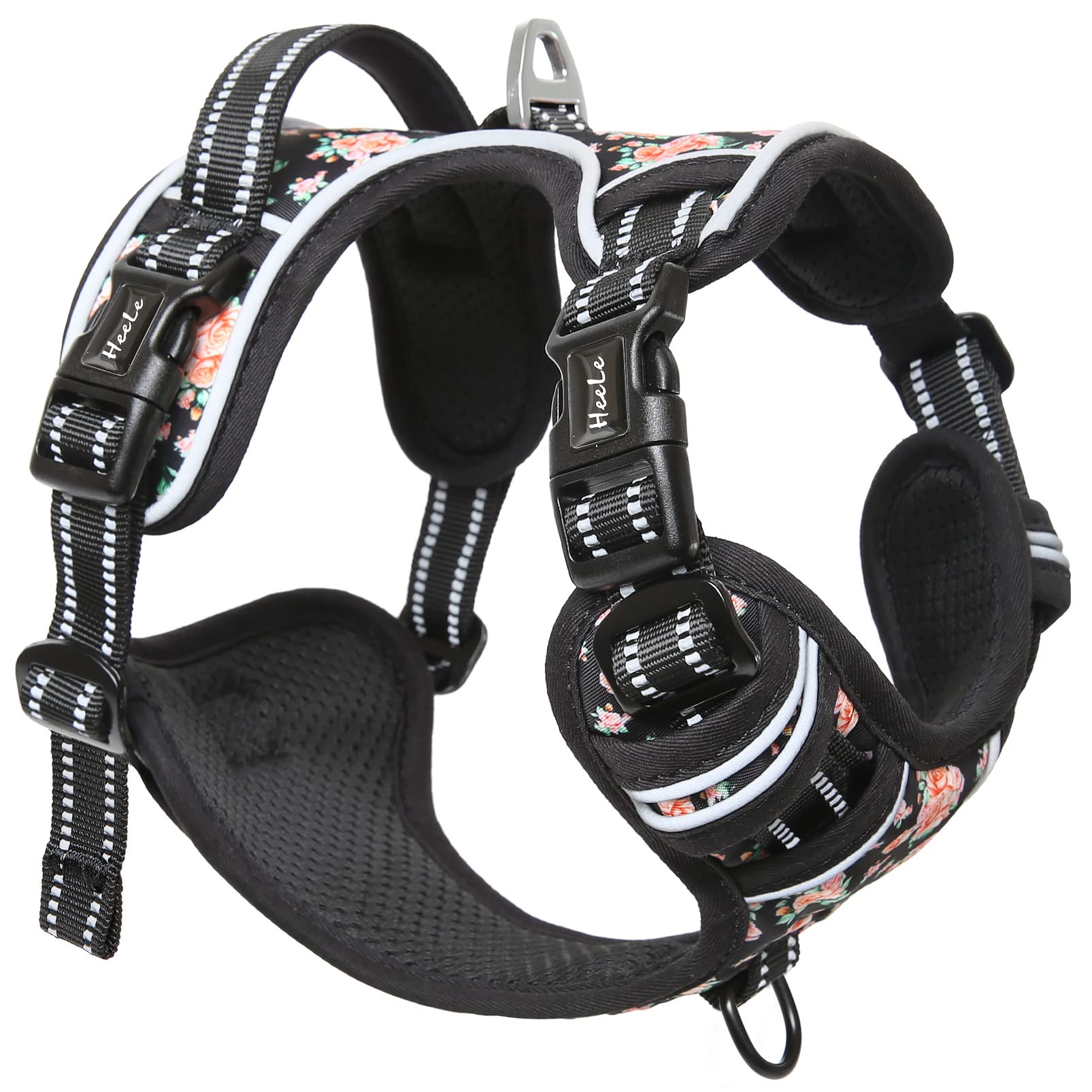 HEELE Arnés Reflectante para Perro, con Control de Mango Acolchado, 2 Anillos de Metal, arnés para Perros pequeños, medianos y Grandes, Flores-Negro, L — view 8