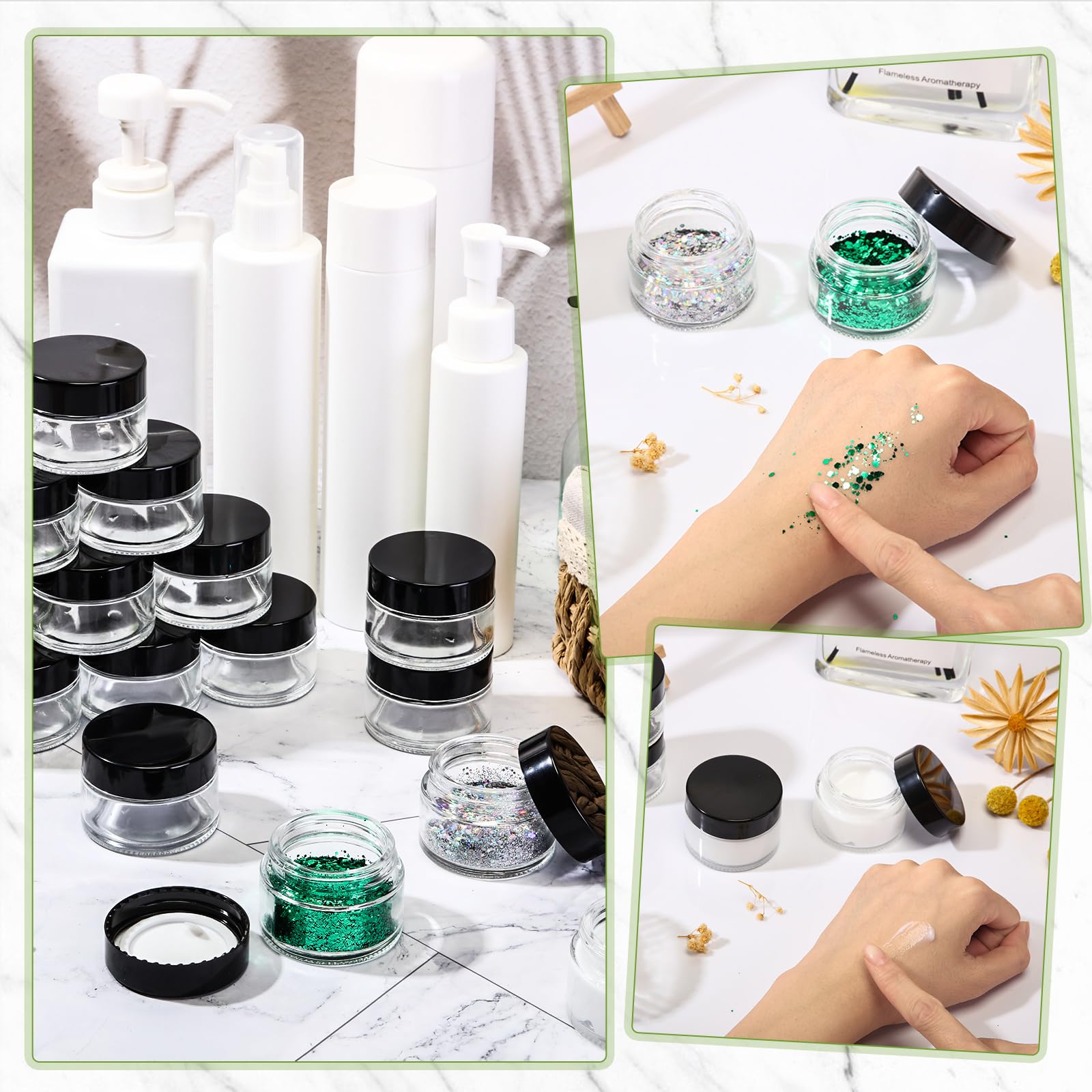 Domensi Glasdosen mit Deckel, rund, Kosmetikgläser, 28 ml, kleine Reisebehälter mit Innenauskleidung für Lotionen, Pulver, Salben, Proben, Creme, 100 Stück (transparent, schwarz)
