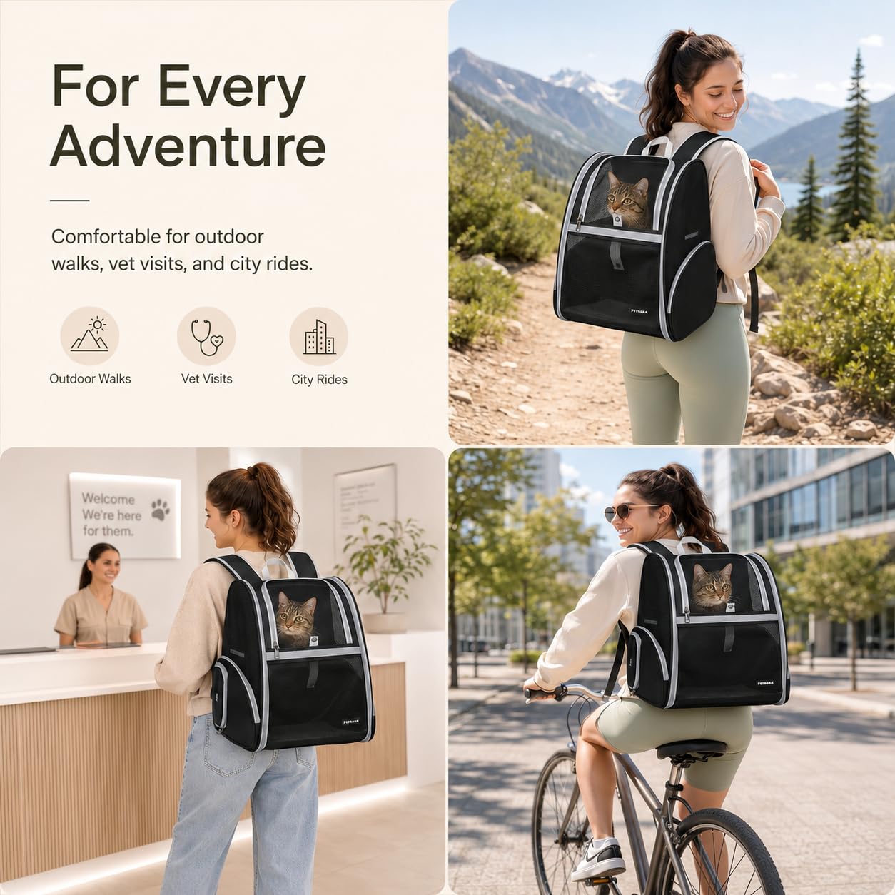 Sac à dos de transport pour chiens et chats, sac à dos portable pliable idéal pour la randonnée, le camping en plein air, le transport vétérinaire, peut contenir des animaux jusqu'à 6,8 kg (noir)