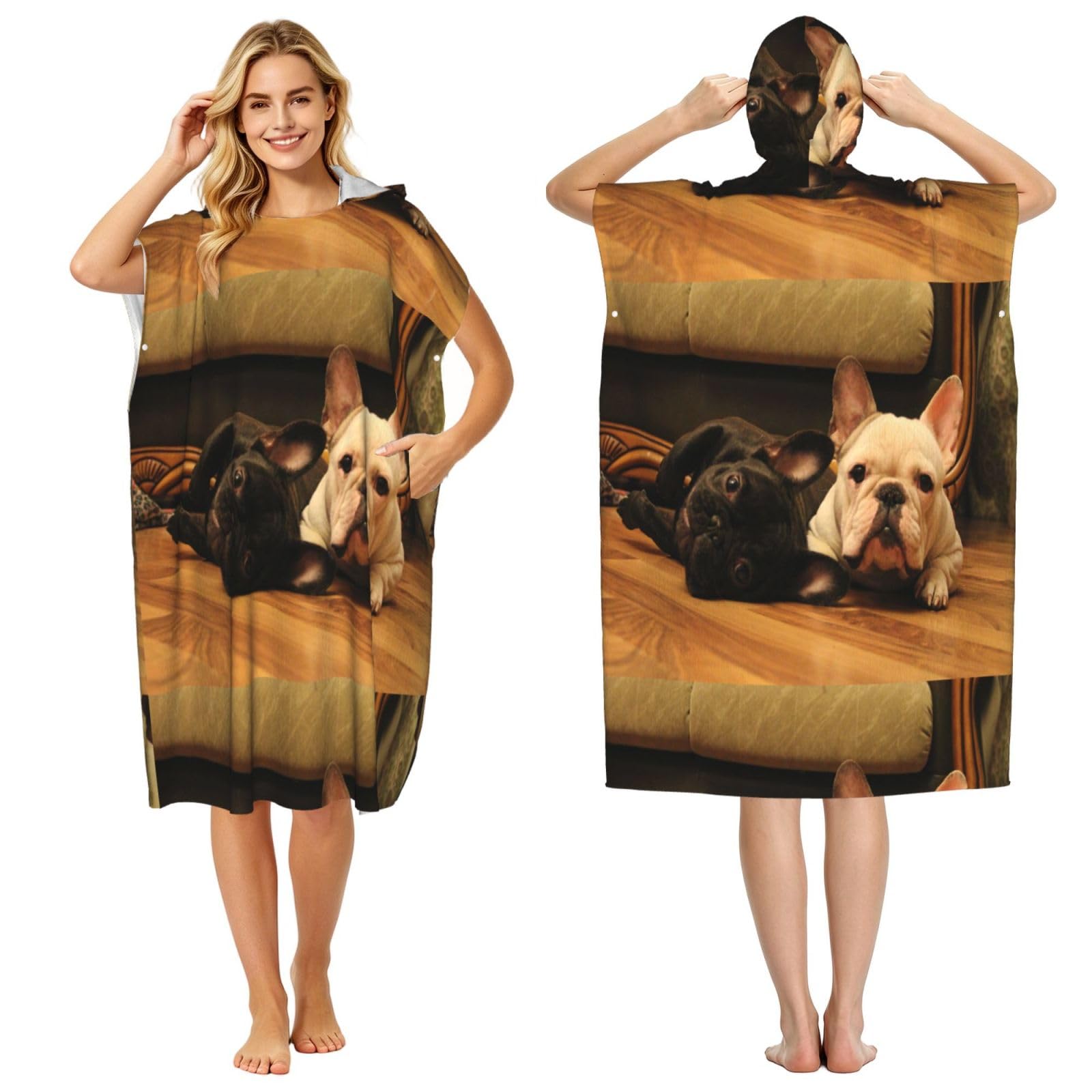 Poadnly French Bulldog, Adult Hooded Beach Towel 90 x 110 cm,Changing Bath Robe, Surf Poncho Towel For Women Men