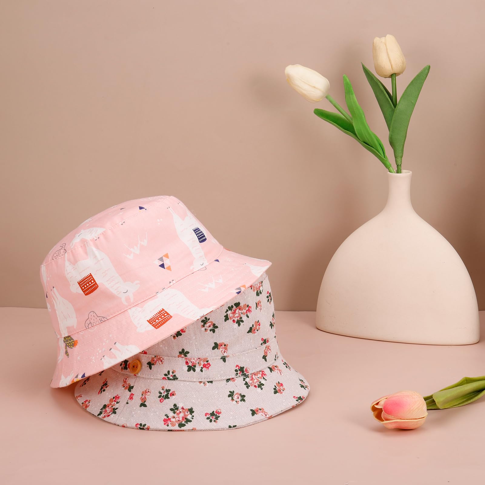 2 Pieces Toddler Sun Hat Kids Bucket Sun Hat Baby Cute Print Summer Hat with Adjustable Head Drawstring and Chin Strap Outdoor Kids Summer Protection Bucket Hats - 5
