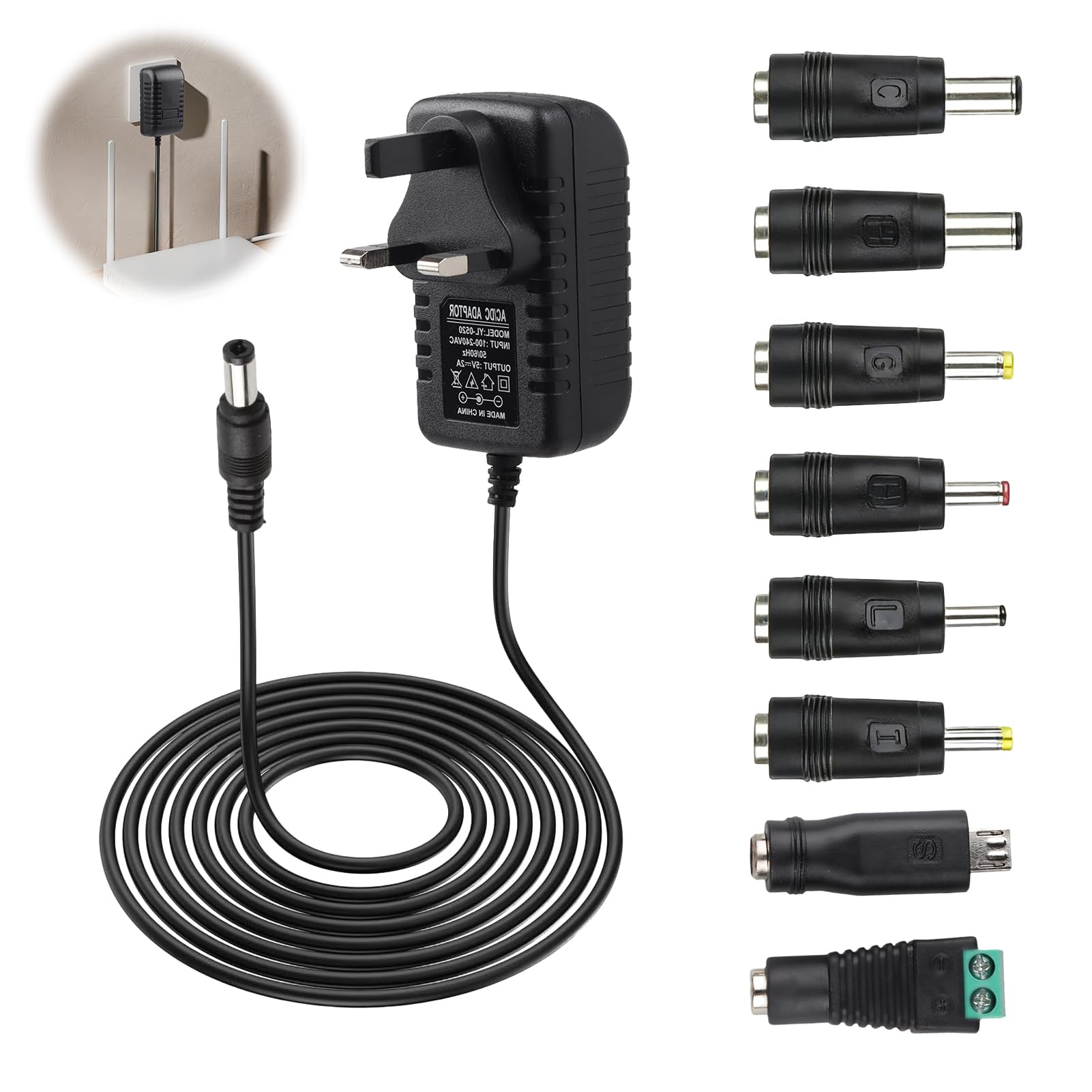 5V 2A Power Adapter Universal Power Supply Replacement, AC to DC 5v Adaptor with 8 DC Plugs,AC Adapter 100-240V 50 60Hz, 5 V Charger Adaptor for LED Strip, Router, TV Box, Audio, Speaker,Wall Charger — view 8