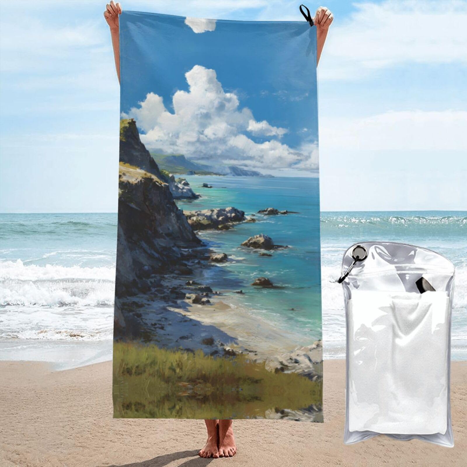 ESNAIUVCD Coastline Print Beach Towel, Microfibre Sauna Towel, Quick-Drying Fitness Towel, Lightweight And Thin Portable Sauna Towel