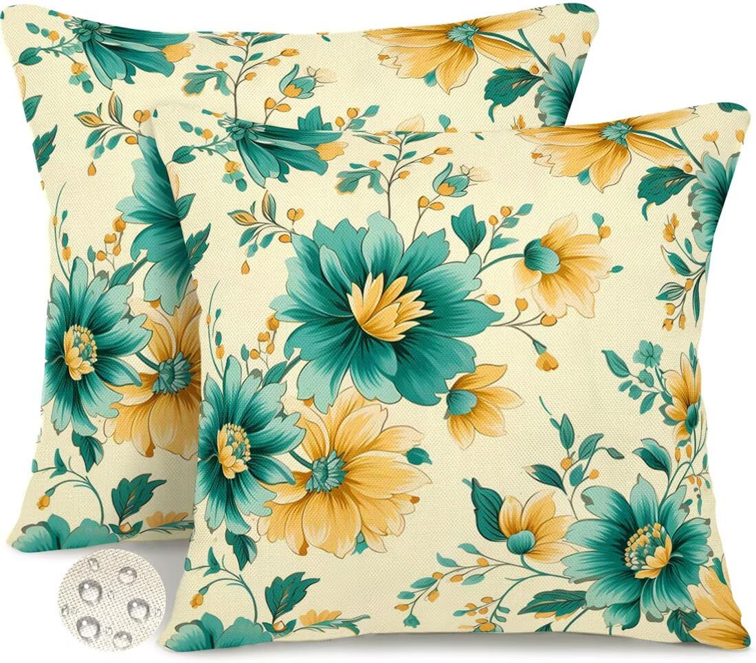 Outdoor Cushions 65cm x 65cm Set of 2 Waterproof Rustic Cushion Covers Floral Garden Cushions Summer Decorative Pillows Throw Pillow Covers Double-Sided for Outdoor Patio Garden Couch Sofa -GY486