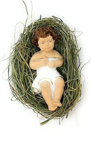 Miniatura 3 de Baby Jesús en pesebre de madera tendido en heno natural, figura pequeña de 4 pulgadas (pequeño, 4 pulgadas, heno natural)
