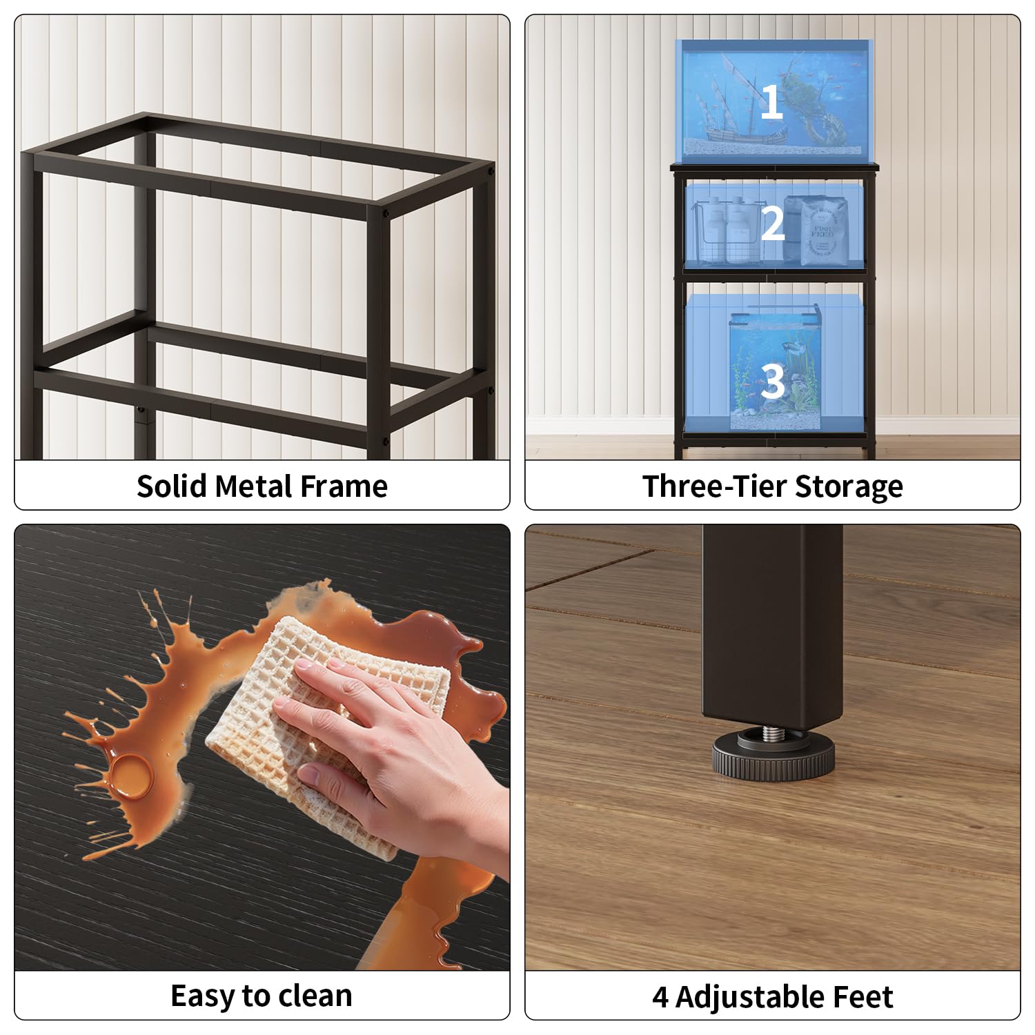 APPLOYN Support d'aquarium avec étagère de rangement à 3 niveaux, cadre en métal robuste pour tortue, reptile, terrarium, salon, 52,1 x 29 x 75,1 cm (L x l x H), noir