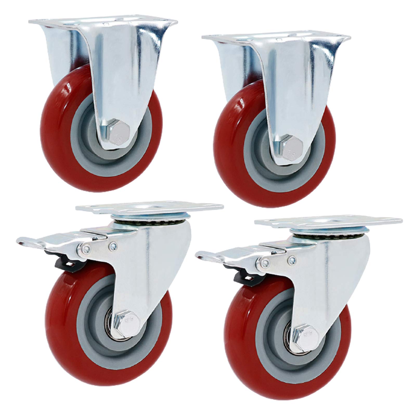 GYRAZXS 4 x Heavy-Duty Swivel Cs Double-Bearing Furniture Wheels with Polyurethane Replacement Plate Cs for Trolleys (Standard + Brake 100mm)