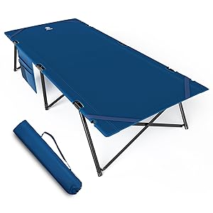 EVER ADVANCED Cama de Camping Plegable XXL 200KG Cargable, Cama de Plegable 214x79x50cm con Bolsillo Lateral, Estable y Portátil para Camping, Viajes, Jardín, Exterior, Interior, Azul Global Recycled Standard