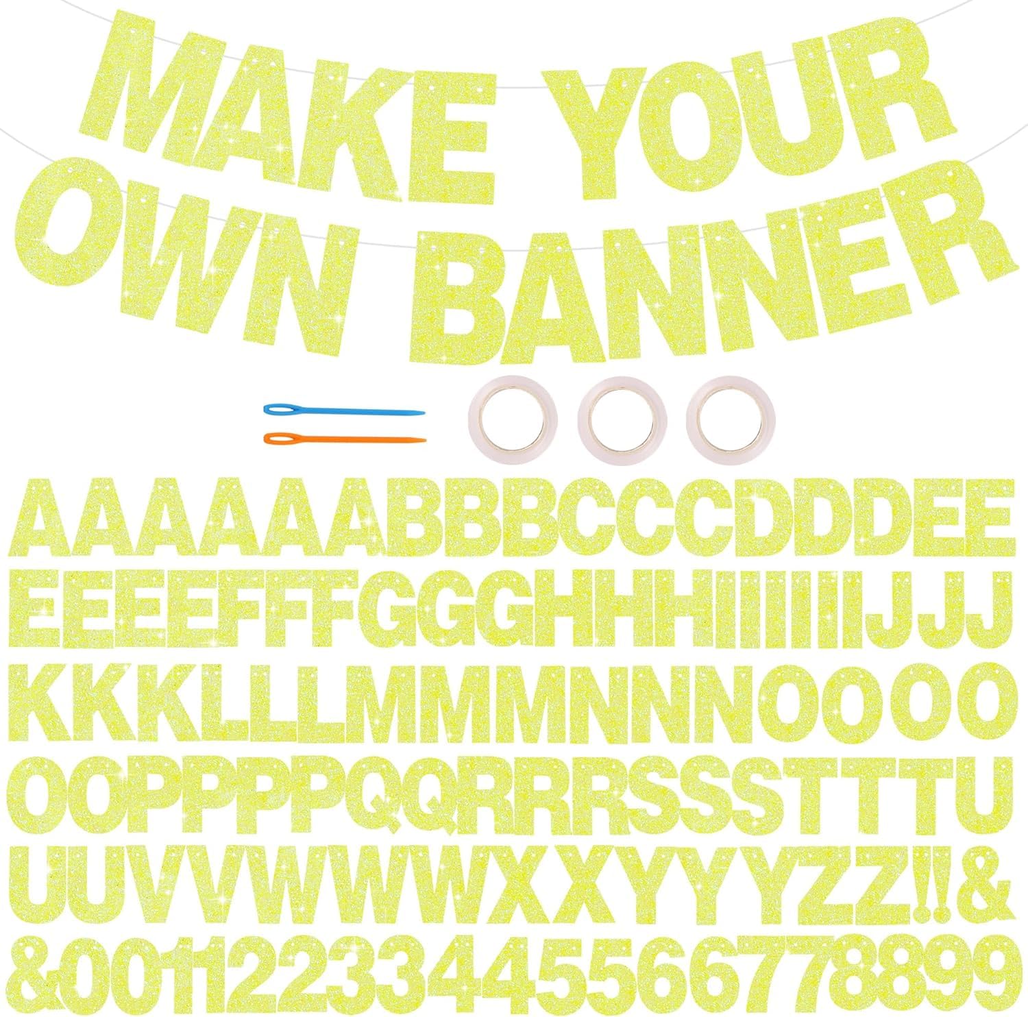 DecoGlee 116 PCS A-Z Glitter Colorful Yellow DIY Letter Banner Kit Make Your Own Banner，Including 111 Letters and Numbers 3 Rope and 2 Threading Device,for Birthday Graduation Wedding Halloween Party