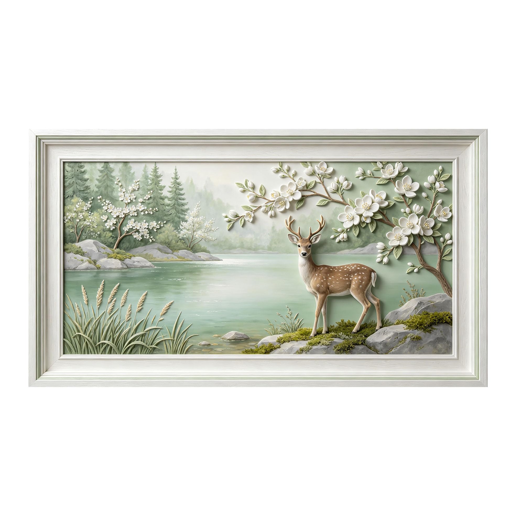 Murasolite 3D Framed Wall Art Forest Lake Deer Pastoral Landscape Oil Painting SelfAdhesive Fabric Mural Wall Decor， Peel and Stick No Damage to Wall， AntiFall Safe Design for Bedroom Living Room