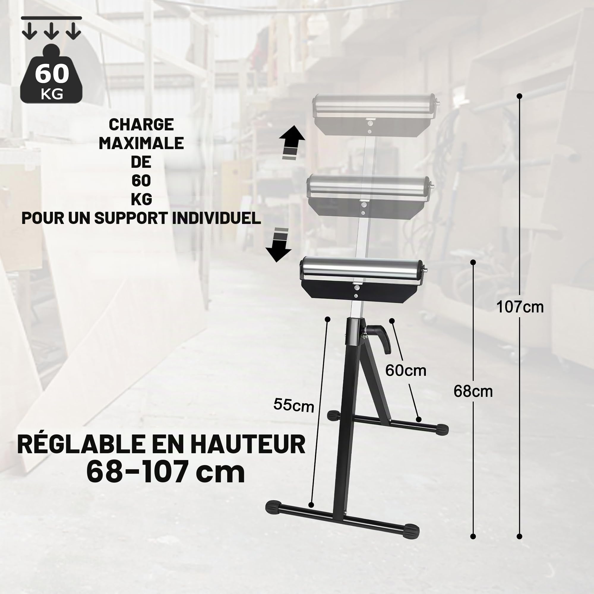 Lot de 2 tréteaux à roulettes réglables en hauteur de 68 à 107 cm avec pieds antidérapants, tréteau de support jusqu'à 60 kg