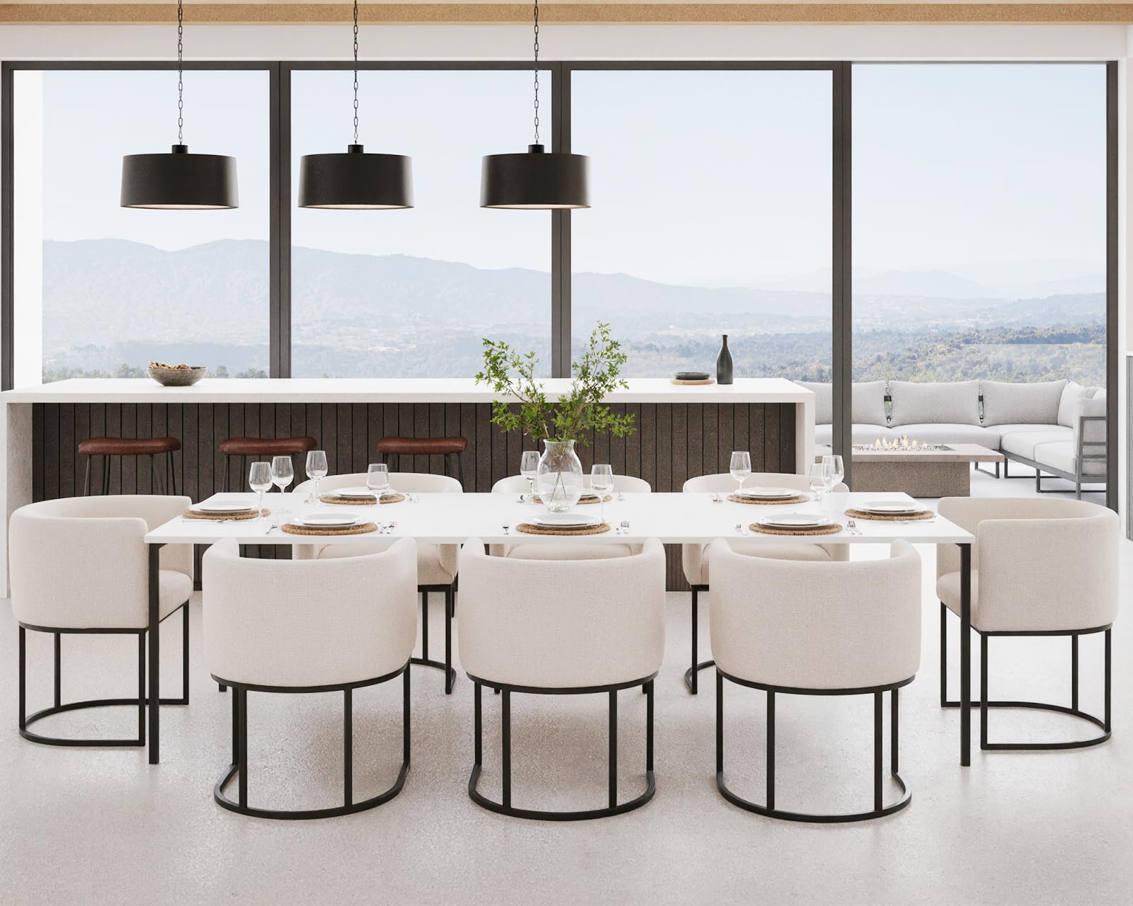 HNY Mid Century Modern Upholstered Barrel Dining Chairs with Arms Set of 8, Linen Kitchen &amp; Dining Room Chairs, 18.5" Wide Accent Chairs for Dining Room Living Room with Black Metal Frame, Cream