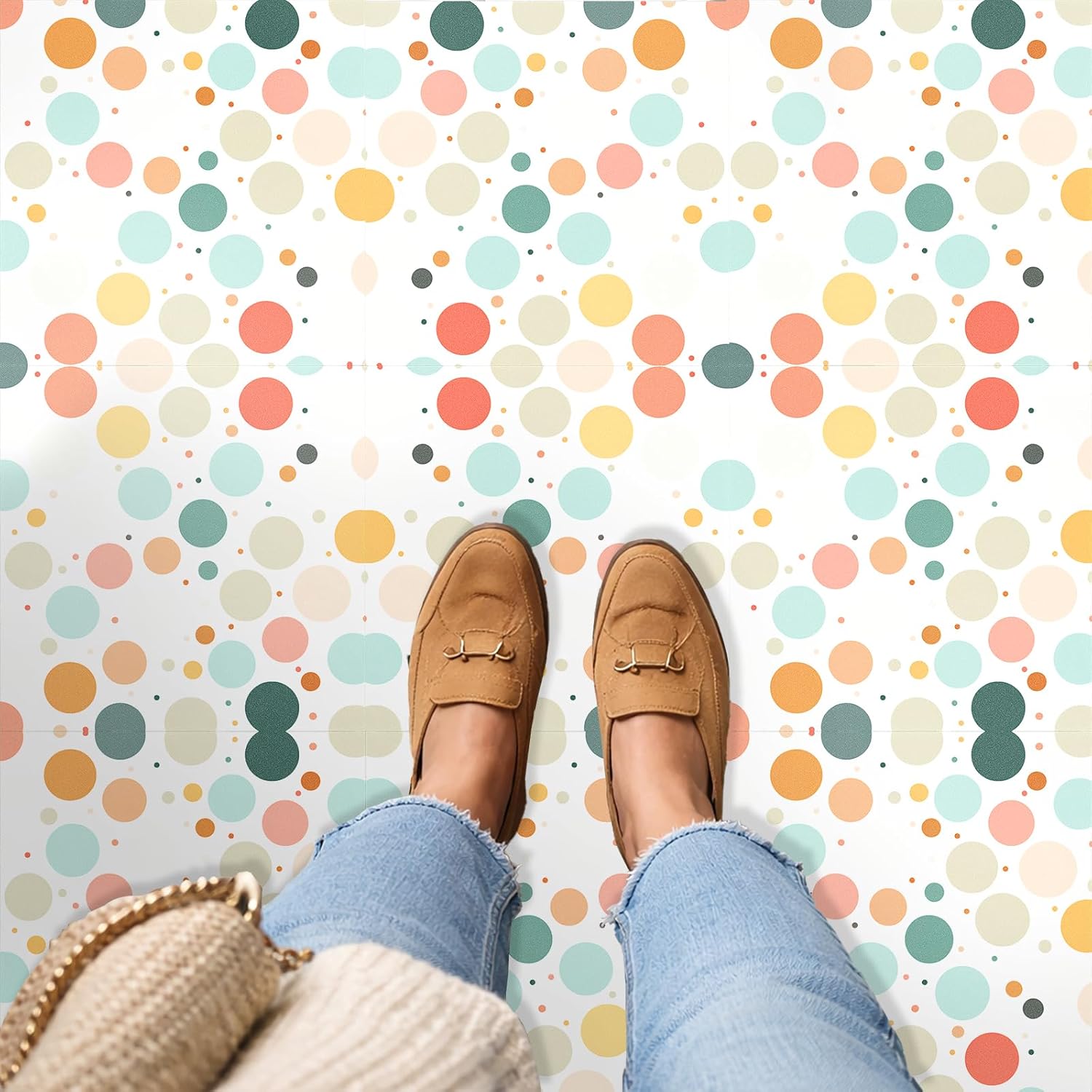 10 Pcs 12x12 Inch Peel and Stick Floor Tiles - Soft Pastel Polka Dot Pattern Removable Self Adhesive DIY Vinyl Flooring Stickers for Kitchen Bathroom Living Room Entryway Home Decor