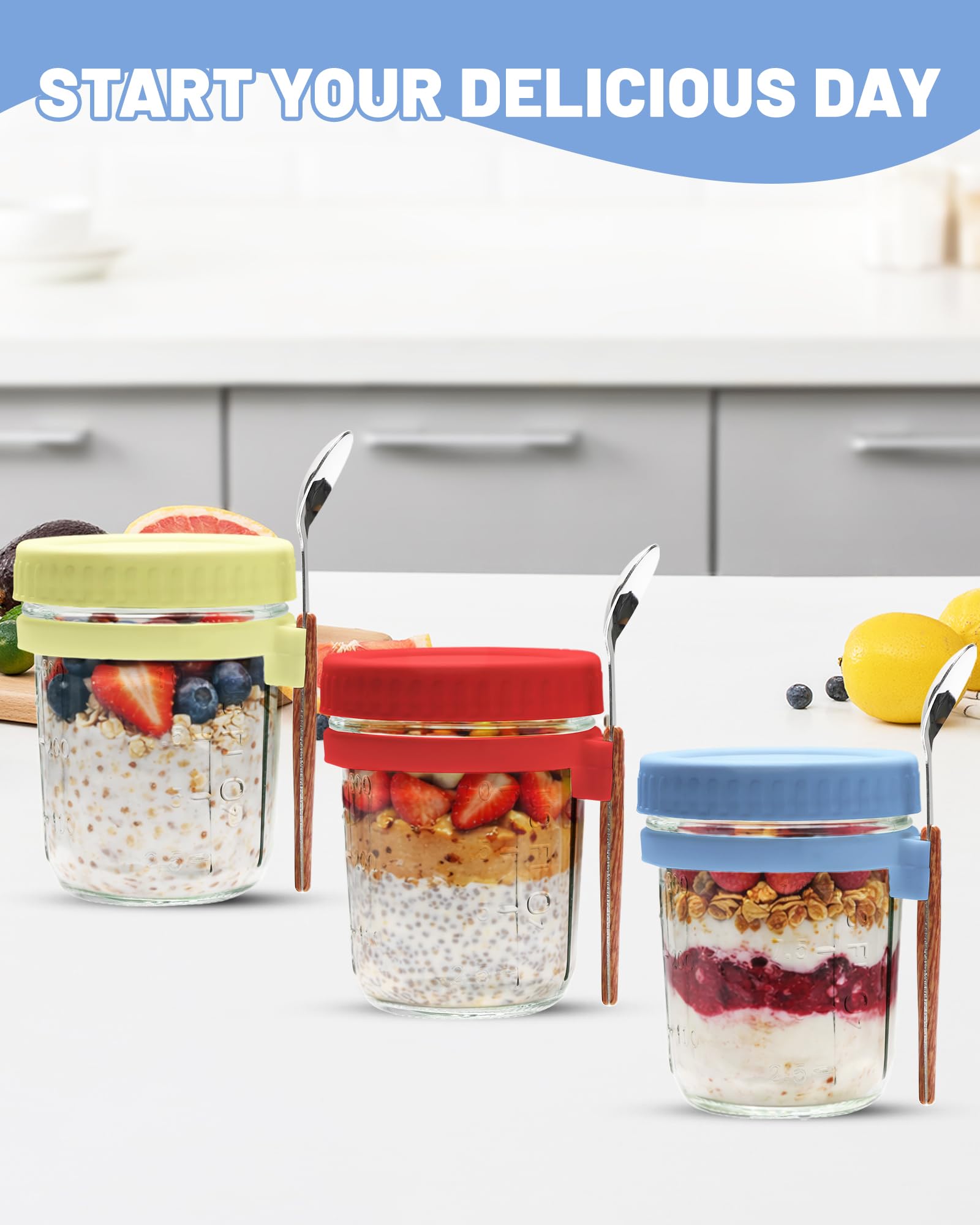 6 szt. słoiki na overnight oats z pokrywką i łyżką – szklane pojemniki meal prep ze skalą do musli, jogurtu i owsianki – szczelne słoiki śniadaniowe na wynos do sałatki i puddingu chia