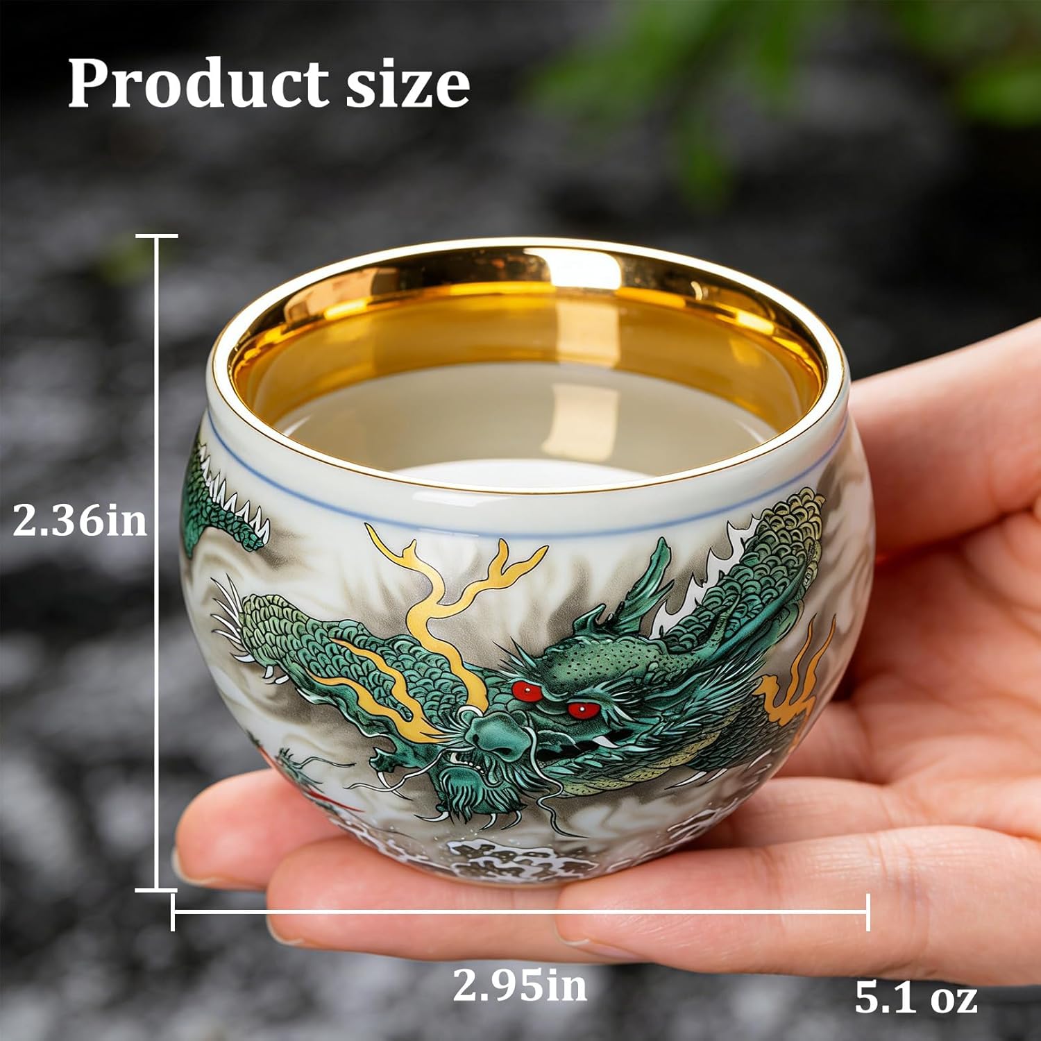 Minya Konka Chinese Dragon Tea Cup, 24K Gold Plated Rim Porcelain Espresso Cup, 5.1 oz Hand-Painted Ceramic Tea Cup with Embossed Green Dragon, Luxury Gift Set in Gift Box