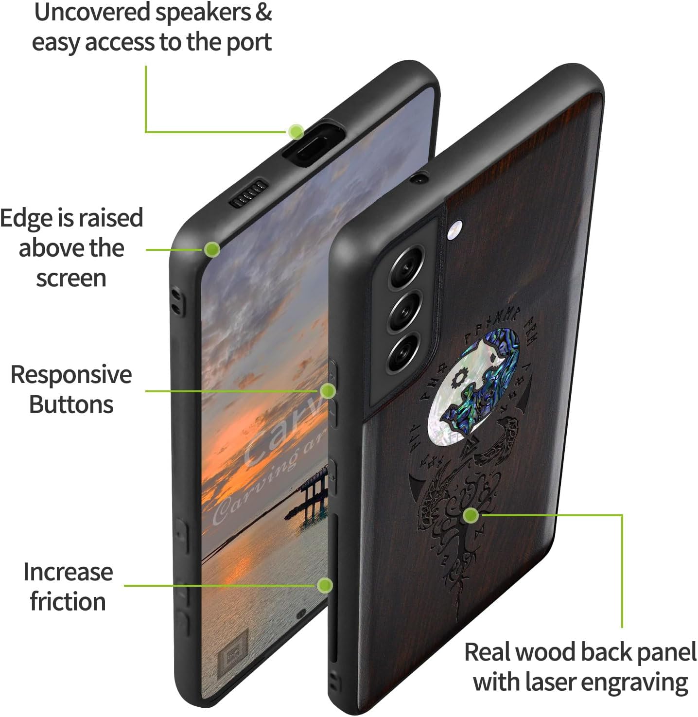 Carveit Designer Wooden Cover for Samsung Galaxy S22 Case [Wood Engraving & Shell Inlay] Compatible with Wireless Chargers Galaxy S22 (Yin Yang Wolf-Blackwood)